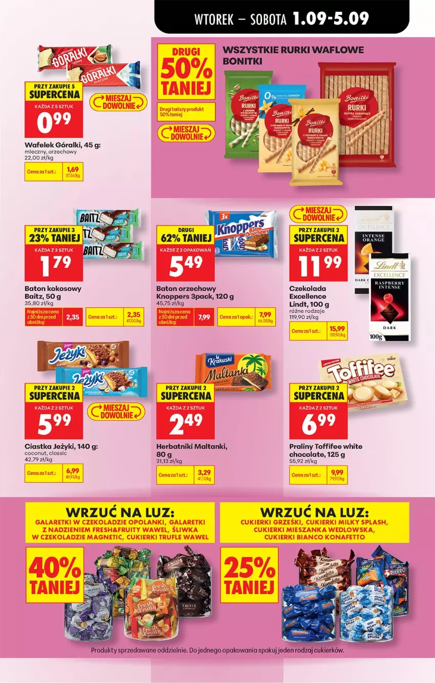 Gazetka promocyjna Biedronka - Od Wtorku - ważna 01.09 do 05.09.2026 - strona 57 - produkty: Baton, Bonitki, Ciastka, Cukier, Czekolada, Góralki, Herbatniki, Knoppers, Kokos, Lindt, Praliny, Rurki, Toffifee, Wafelek
