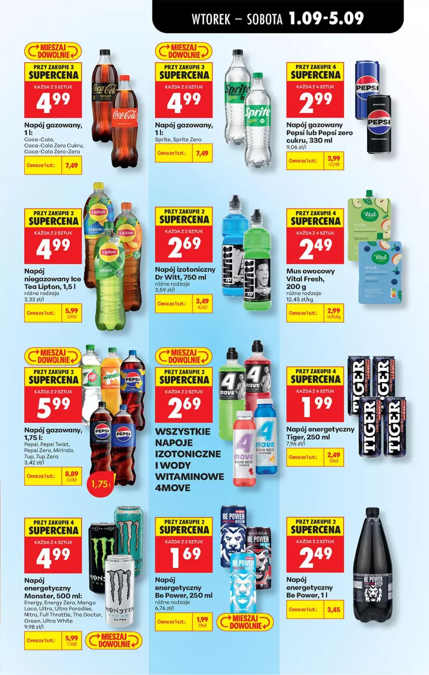 Gazetka promocyjna Biedronka - Od Wtorku - ważna 01.09 do 05.09.2026 - strona 61 - produkty: 7up, Coca-Cola, Full Throttle, Lipton, Mango, Mirinda, Mus, Napój, Napój energetyczny, Napój gazowany, Napój izotoniczny, Pepsi, Sprite, Tiger