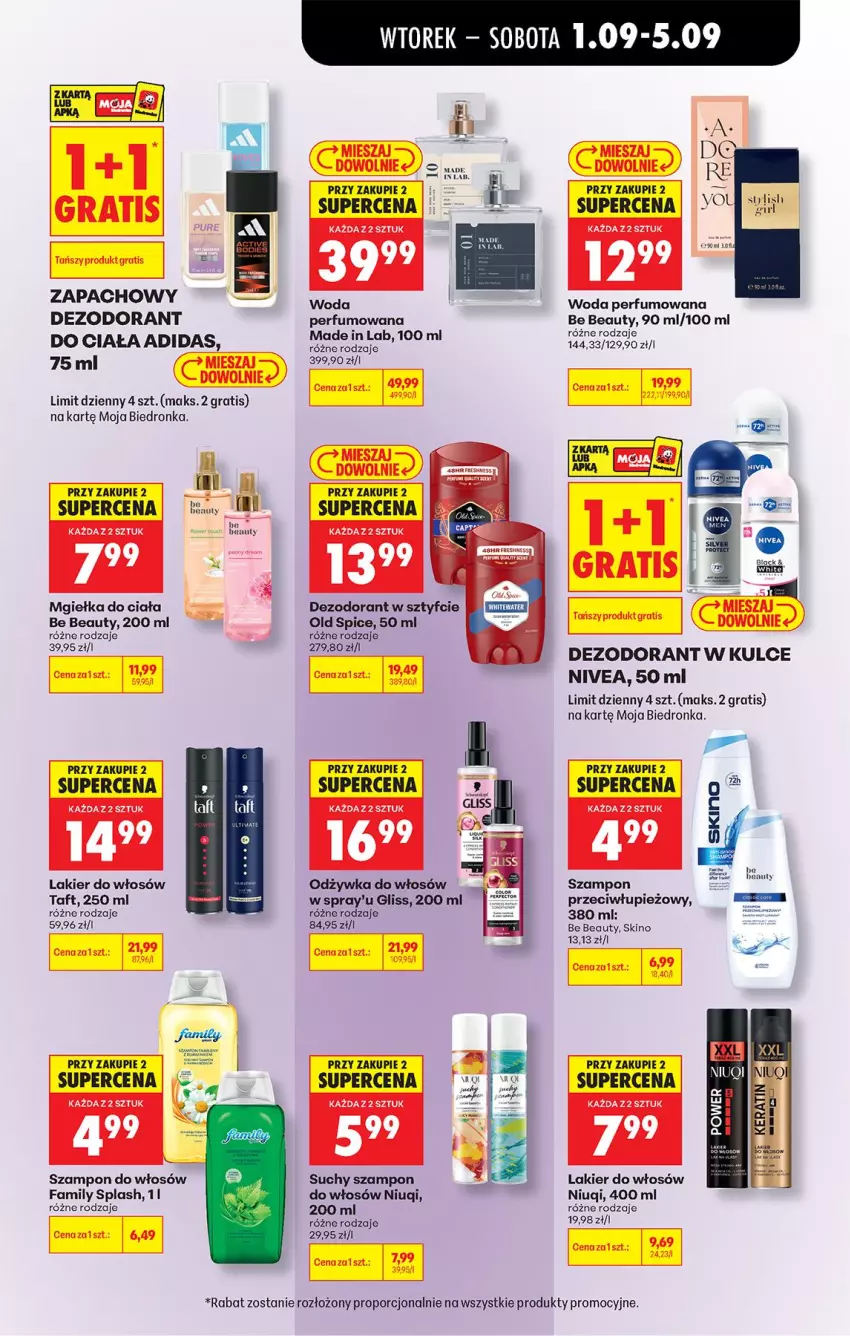 Gazetka promocyjna Biedronka - Od Wtorku - ważna 01.09 do 05.09.2026 - strona 67 - produkty: Adidas, Be Be, Dezodorant, Fa, Gra, Lakier, Lakier do włosów, Niuqi, Nivea, Odżywka, Old Spice, Perfum, Por, Suchy szampon, Szampon, Taft, Woda, Woda perfumowana