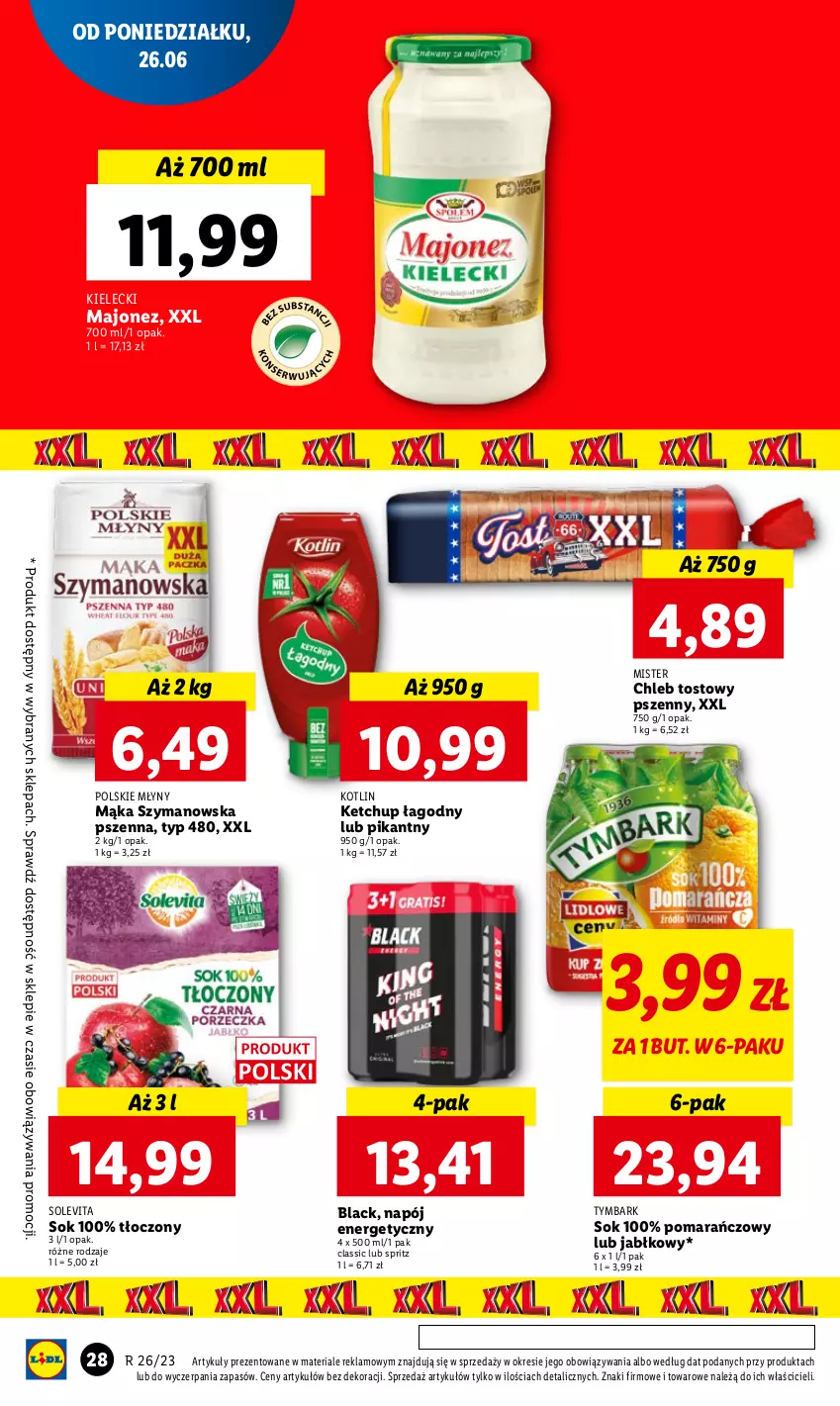 Gazetka promocyjna Lidl - GAZETKA - ważna 26.06 do 28.06.2023 - strona 30 - produkty: Chleb, Chleb tostowy, Ketchup, Kotlin, Lack, Majonez, Mąka, Napój, Napój energetyczny, Polskie Młyny, Sok, Tymbark