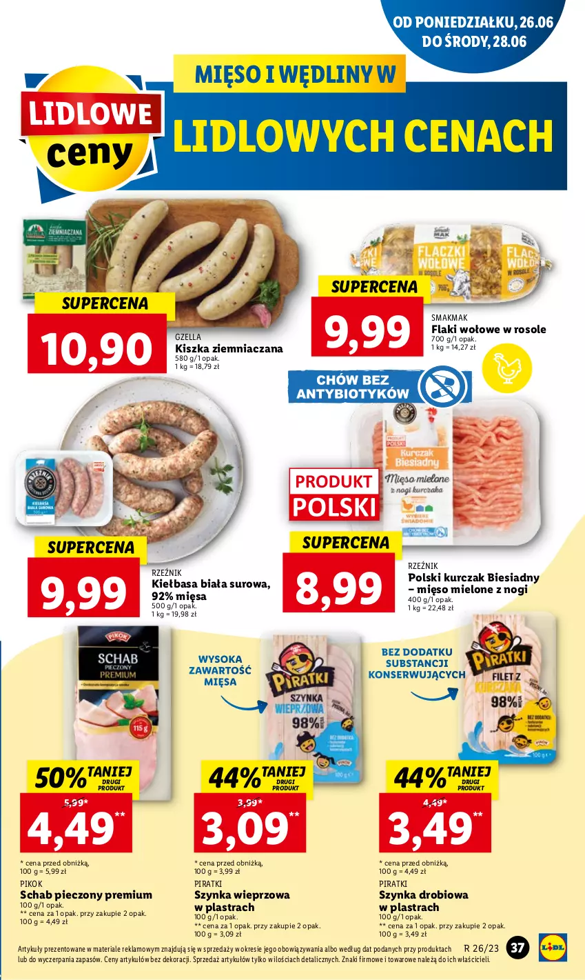 Gazetka promocyjna Lidl - GAZETKA - ważna 26.06 do 28.06.2023 - strona 39 - produkty: Flaki, Flaki wołowe, Kiełbasa, Kiełbasa biała, Kurczak, Mięso, Mięso mielone, Piec, PIKOK, Schab pieczony, Ser, Sok, Szynka, Szynka wieprzowa