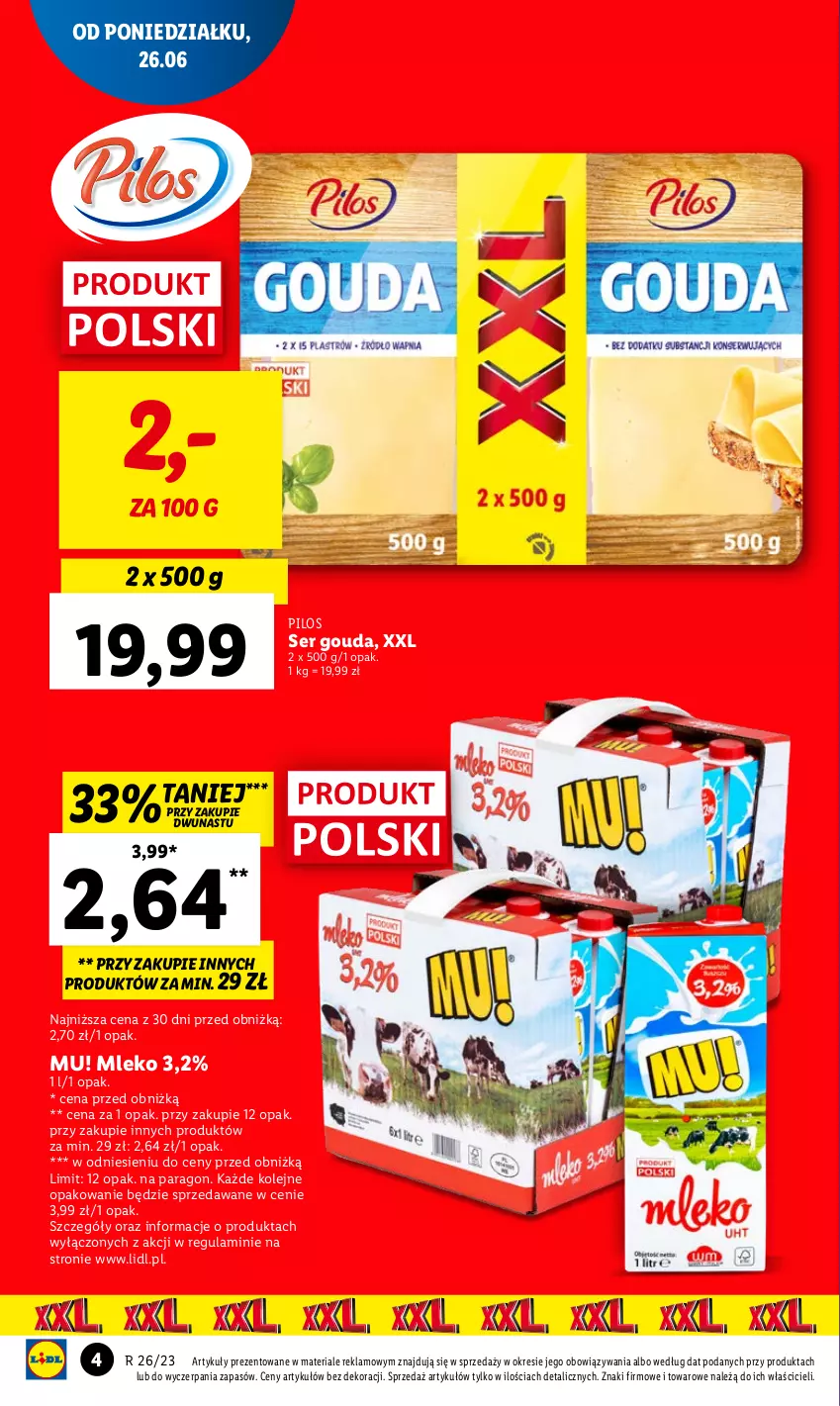 Gazetka promocyjna Lidl - GAZETKA - ważna 26.06 do 28.06.2023 - strona 4 - produkty: Gouda, Mleko, Olej, Pilos, Ser