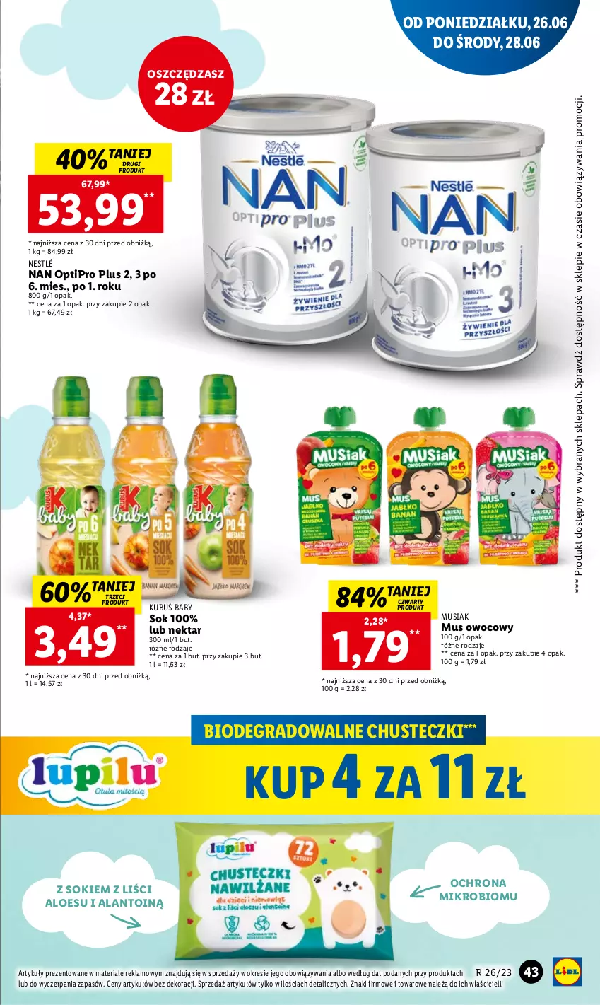 Gazetka promocyjna Lidl - GAZETKA - ważna 26.06 do 28.06.2023 - strona 45 - produkty: Chusteczki, Gra, Kubuś, Mus, NAN Optipro, Nektar, Nestlé, Sok