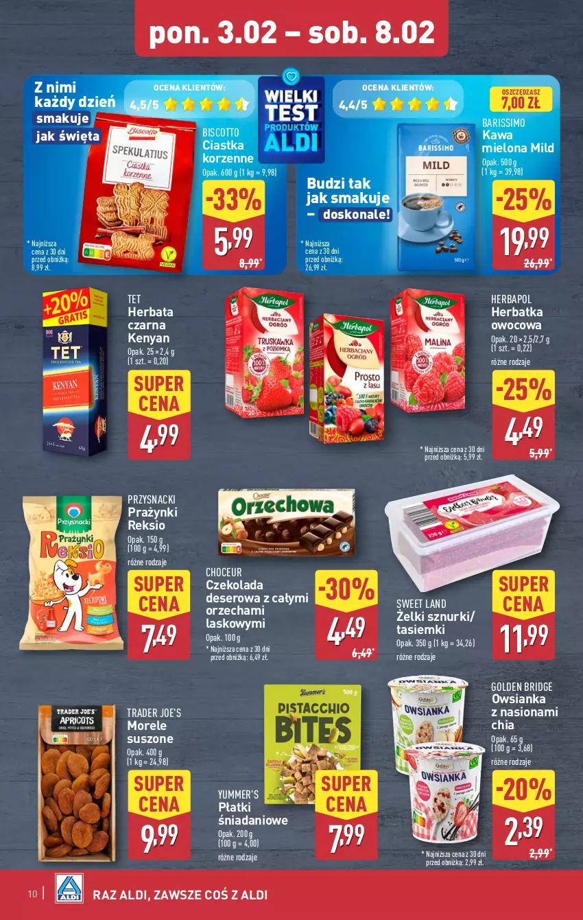 Gazetka promocyjna Aldi - Pełna oferta - ważna 03.02 do 08.02.2025 - strona 10 - produkty: Chia, Ciastka, Czekolada, Danio, Deser, Herbapol, Herbata, Herbata czarna, Kawa, Kawa mielona, Owsianka, Przysnacki, Ser