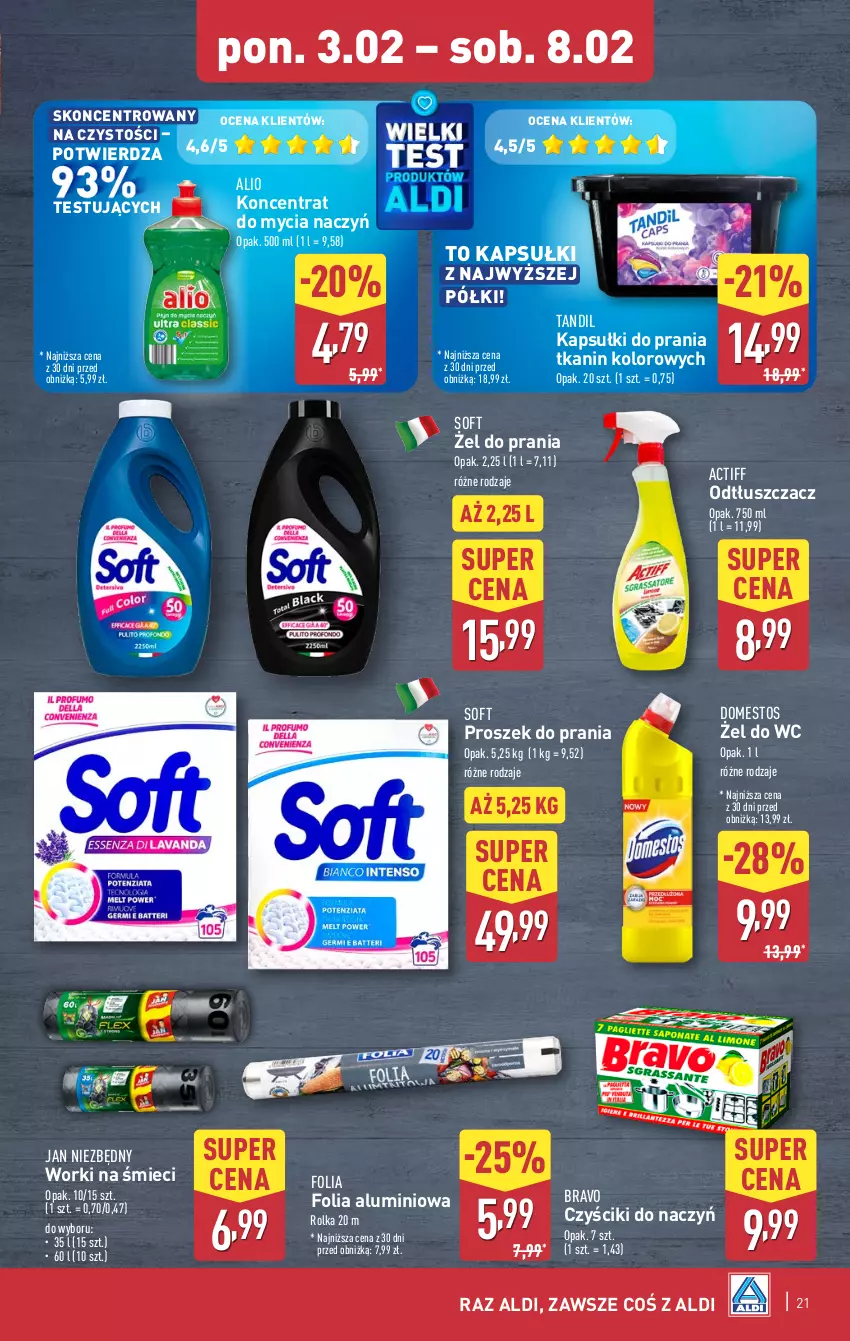 Gazetka promocyjna Aldi - Pełna oferta - ważna 03.02 do 08.02.2025 - strona 21 - produkty: Do mycia naczyń, Domestos, Folia aluminiowa, Jan Niezbędny, Kapsułki do prania, Koncentrat do mycia naczyń, Odtłuszczacz, Proszek do prania, Worki na śmiec, Worki na śmieci