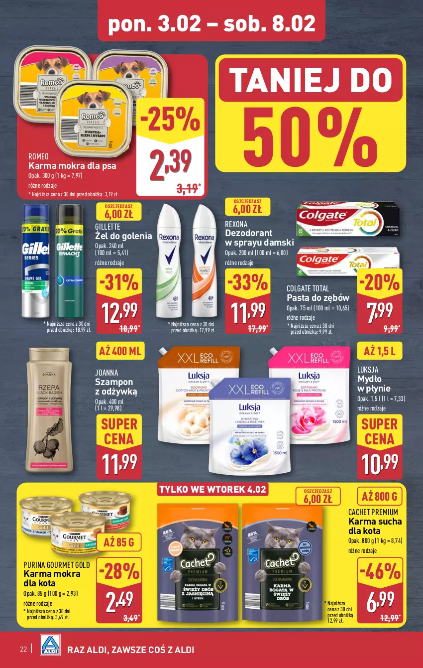 Gazetka promocyjna Aldi - Pełna oferta - ważna 03.02 do 08.02.2025 - strona 22 - produkty: Colgate, Colgate Total, Dezodorant, Gillette, Gourmet Gold, Joanna, LG, Luksja, Mydło, Mydło w płynie, Pasta do zębów, Pur, Purina, Rexona, Szampon