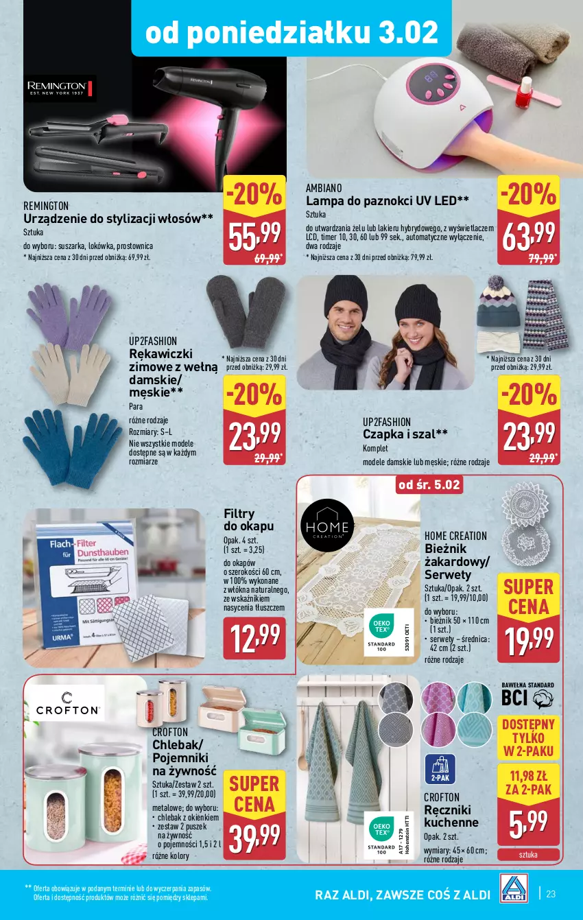 Gazetka promocyjna Aldi - Pełna oferta - ważna 03.02 do 08.02.2025 - strona 23 - produkty: Bieżnik, Chleb, Chlebak, Czapka, Fa, Lakier, Lampa, Lokówka, Okap, Pojemnik, Ręcznik, Remington, Ser, Suszarka, Szal