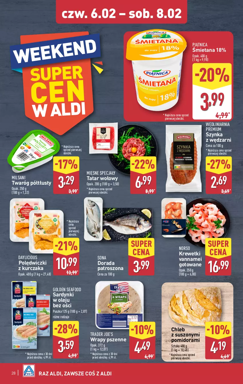 Gazetka promocyjna Aldi - Pełna oferta - ważna 03.02 do 08.02.2025 - strona 28 - produkty: Chleb, Golden Seafood, Krewetki, Kurczak, Mięsne specjały, Olej, Piątnica, Polędwiczki z kurczaka, Sardynki, Szynka, Tatar wołowy, Twaróg, Twaróg półtłusty