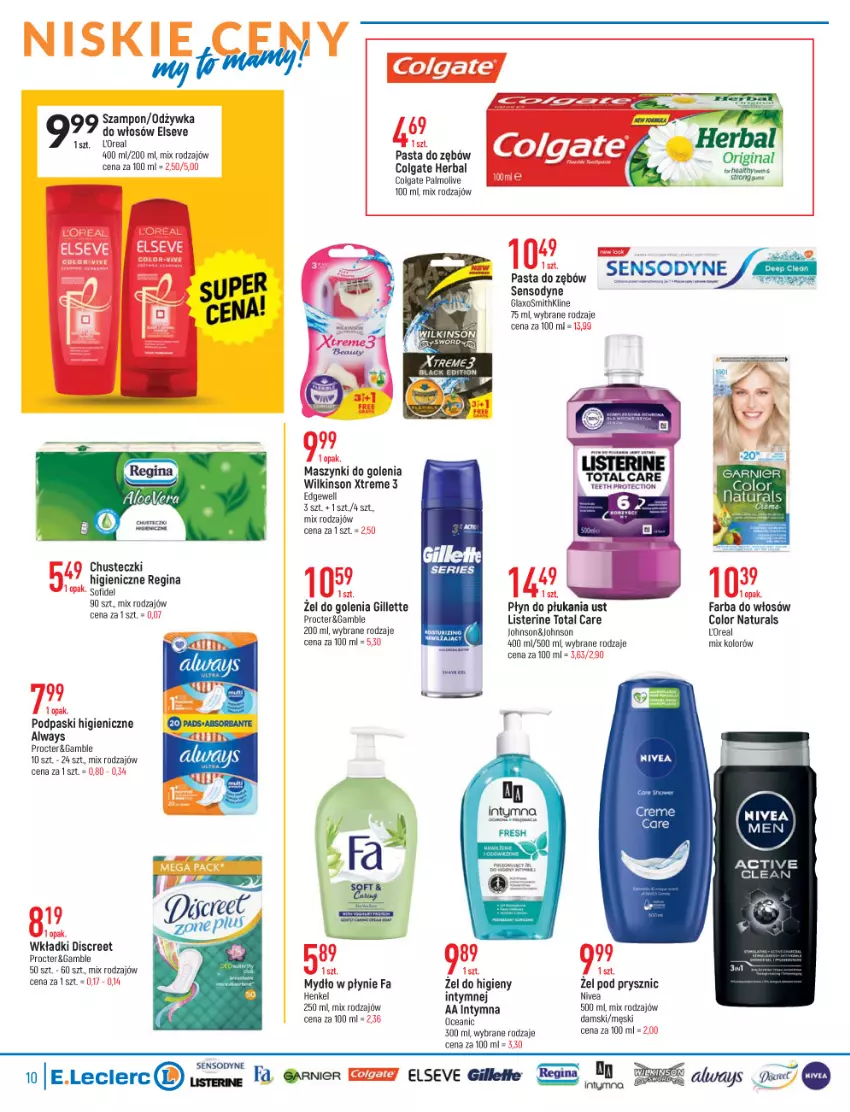 Gazetka promocyjna E Leclerc - ważna 15.02 do 26.02.2022 - strona 10 - produkty: Chusteczki, Colgate, Discreet, Elseve, Fa, Farba do włosów, Garnier, Gillette, Gin, LG, Listerine, Mydło, Mydło w płynie, Nivea, Nivea Men, Odżywka, Palmolive, Pasta do zębów, Płyn do płukania, Sensodyne, Szampon, Wkładki