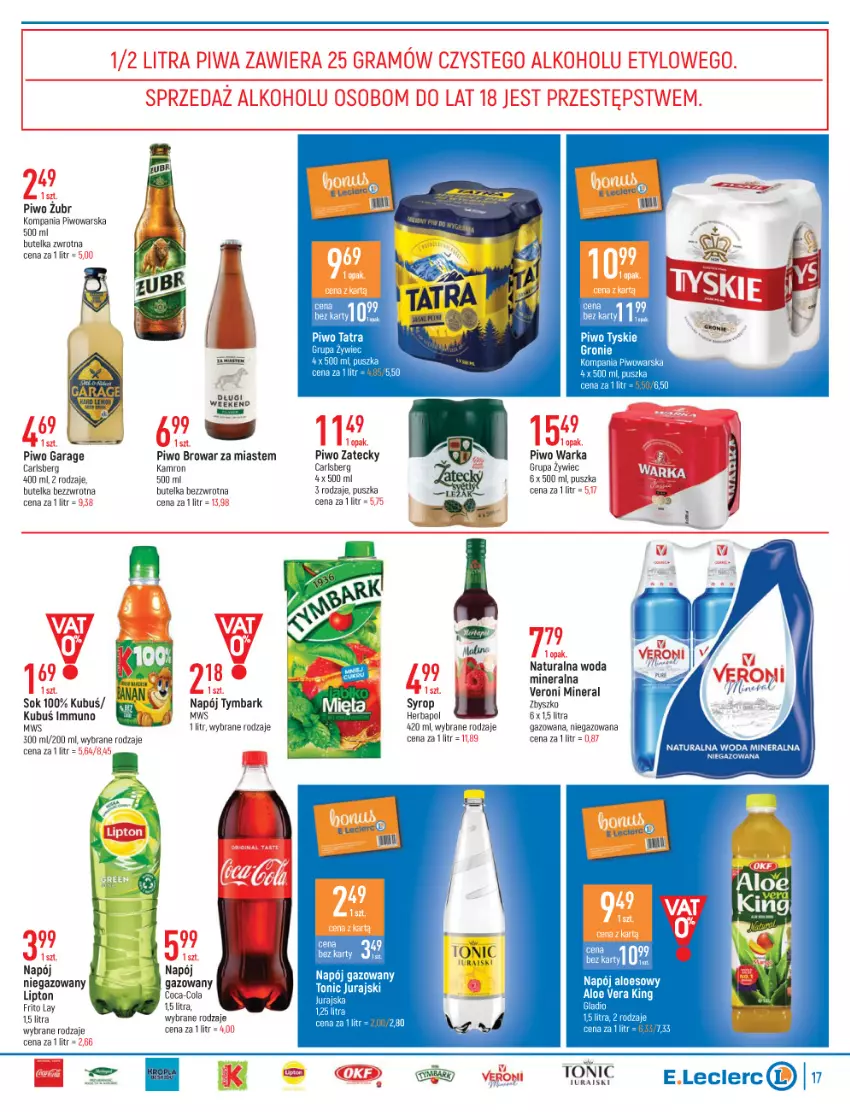 Gazetka promocyjna E Leclerc - ważna 15.02 do 26.02.2022 - strona 17 - produkty: Carlsberg, Coca-Cola, Gra, Herbapol, Kubuś, Lipton, Napój, Napój niegazowany, Piwa, Piwo, Sok, Tymbark, Warka, Woda, Woda mineralna