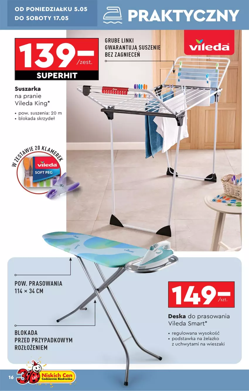 Gazetka promocyjna Biedronka - Okazje Tygodnia - ważna 05.05 do 17.05.2025 - strona 16 - produkty: Deska do prasowania, Sok, Suszarka, Suszarka na pranie, Vileda, Wieszak