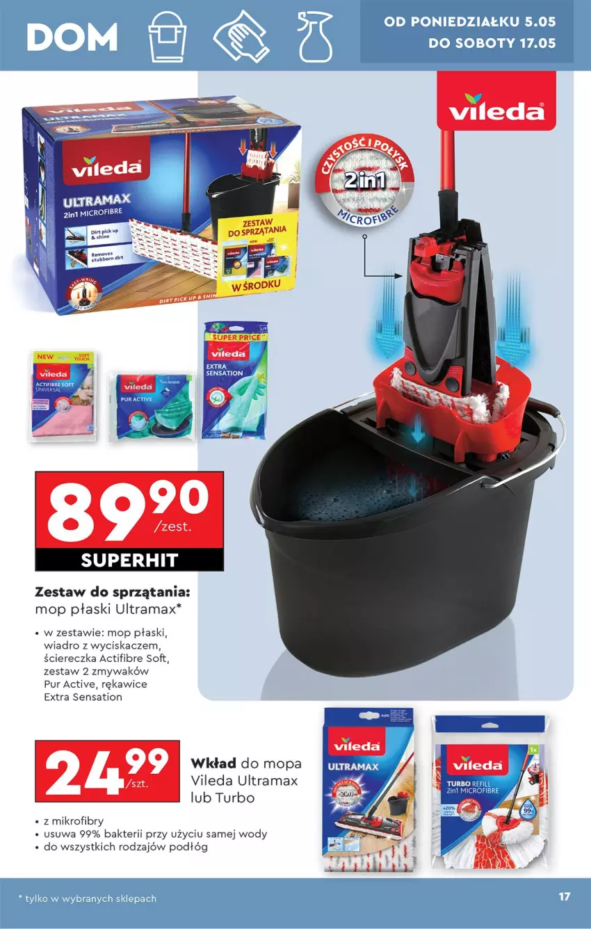 Gazetka promocyjna Biedronka - Okazje Tygodnia - ważna 05.05 do 17.05.2025 - strona 17 - produkty: Mop, Pur, Rama, Rękawice, Sati, Vileda, Wiadro, Wiadro z wyciskaczem