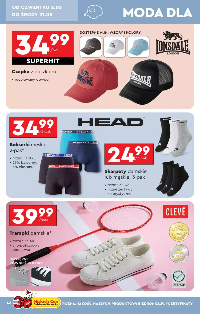 Gazetka promocyjna Biedronka - Okazje Tygodnia - ważna 05.05 do 17.05.2025 - strona 46 - produkty: Bokserki, Czapka, Karp, Moda, Ser, Trampki