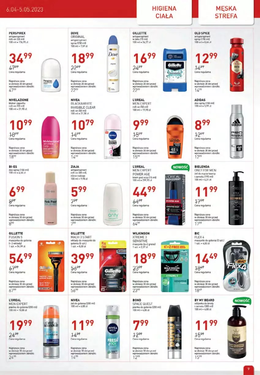 Gazetka promocyjna Drogerie Jawa - ważna 06.04 do 05.05.2023 - strona 9 - produkty: Adidas, Antyperspirant, BIC, Bielenda, Dove, Fa, Fusion, Gillette, Gin, Gra, Lack, Maszynka, Maszynka do golenia, Nivea, Nivelazione, Obraz, Odżywka, Old Spice, Pianka do golenia, Szynka, Ziaja