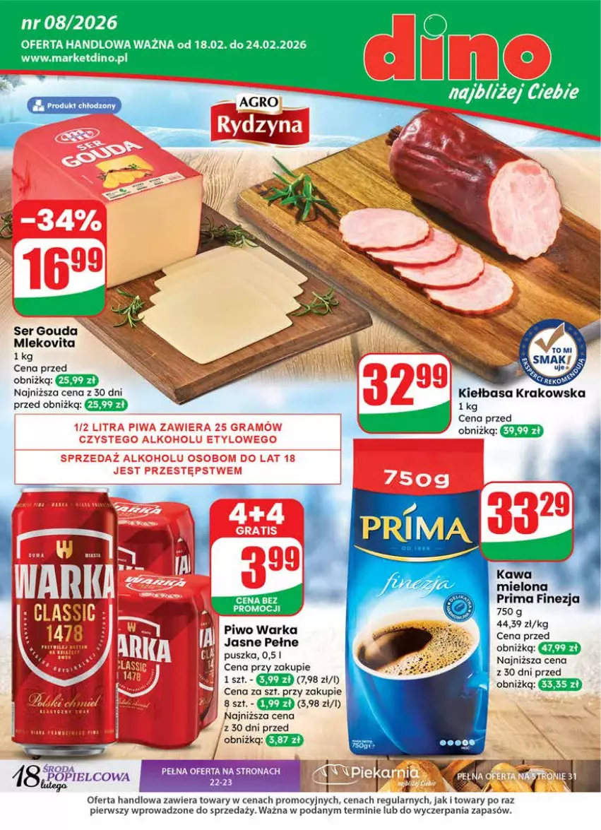 Gazetka promocyjna Dino - Gazetka 08 / 2026 - ważna 18.02 do 24.02.2026 - strona 1 - produkty: Gouda, JBL, Kawa, Kiełbasa, Kiełbasa krakowska, Piwo, Prima, Ser, Warka