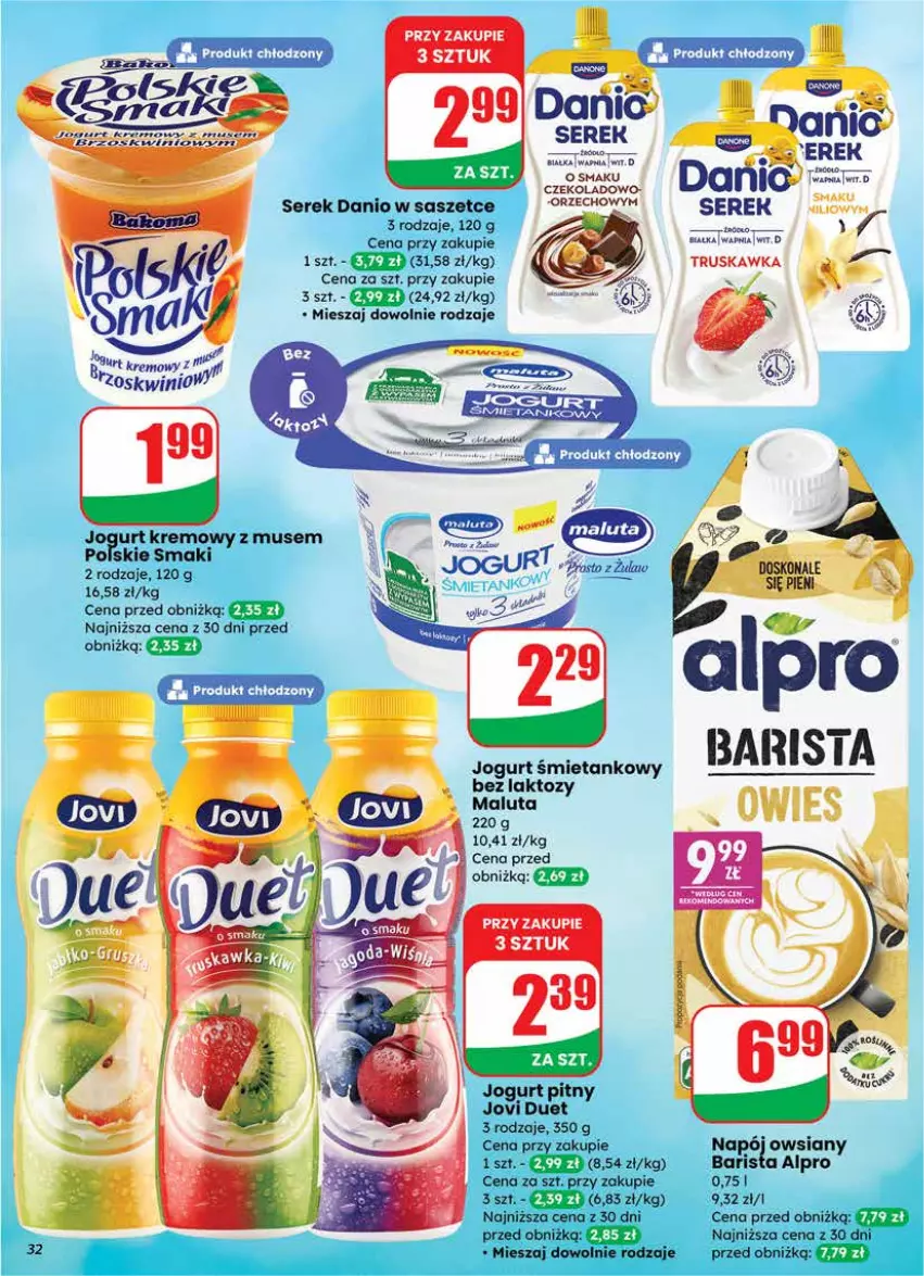 Gazetka promocyjna Dino - Gazetka 08 / 2026 - ważna 18.02 do 24.02.2026 - strona 32 - produkty: Alpro, Dada, Danio, Jogurt, Jogurt pitny, Mus, Napój, Ser, Serek