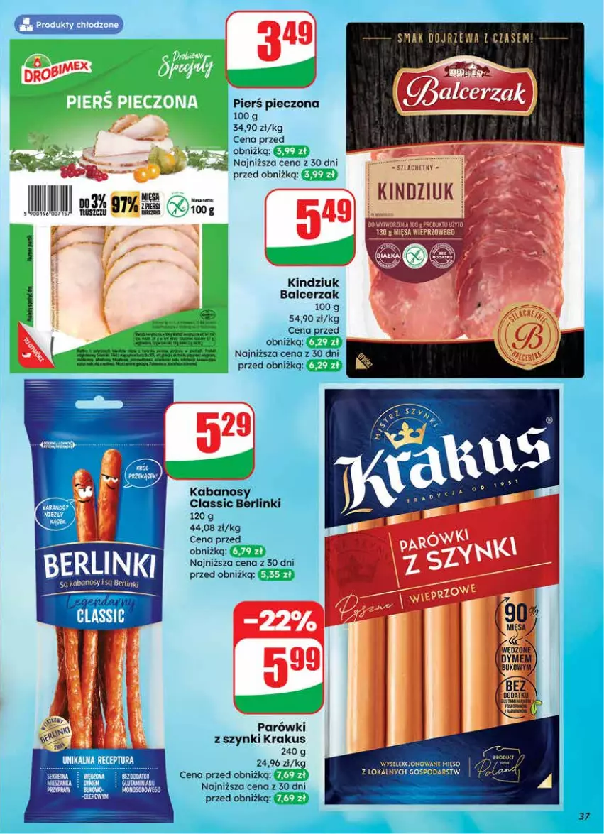 Gazetka promocyjna Dino - Gazetka 08 / 2026 - ważna 18.02 do 24.02.2026 - strona 37 - produkty: Berlinki, Kabanos, Kindziuk, Krakus, Mięso, Parówki, Parówki z szynki, Piec