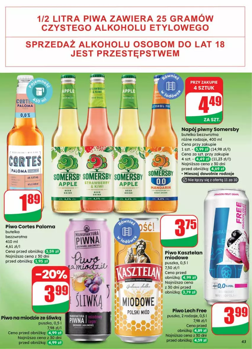 Gazetka promocyjna Dino - Gazetka 08 / 2026 - ważna 18.02 do 24.02.2026 - strona 43 - produkty: Fa, Gra, Kasztelan, Kiwi, Miód, Napój, Piwa, Piwo, Por, Somersby