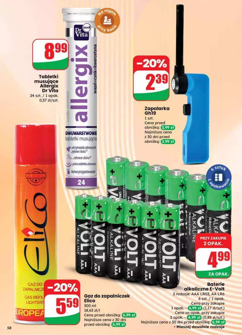 Gazetka promocyjna Dino - Gazetka 08 / 2026 - ważna 18.02 do 24.02.2026 - strona 58 - produkty: Baterie alkaliczne, Cynk, Dr Vita, Fa, Mus, Tablet, Tabletki musujące, Zapalarka