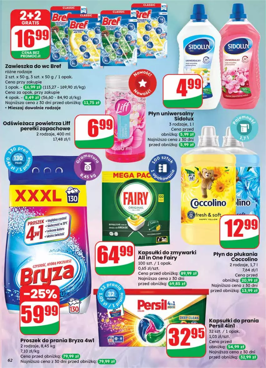 Gazetka promocyjna Dino - Gazetka 08 / 2026 - ważna 18.02 do 24.02.2026 - strona 62 - produkty: Bref, Bryza, Coccolino, Fa, Fairy, Kapsułki do prania, Odświeżacz powietrza, Perełki zapachowe, Persil, Płyn do płukania, Proszek do prania, Sidolux, Zawieszka do wc, Zmywarki