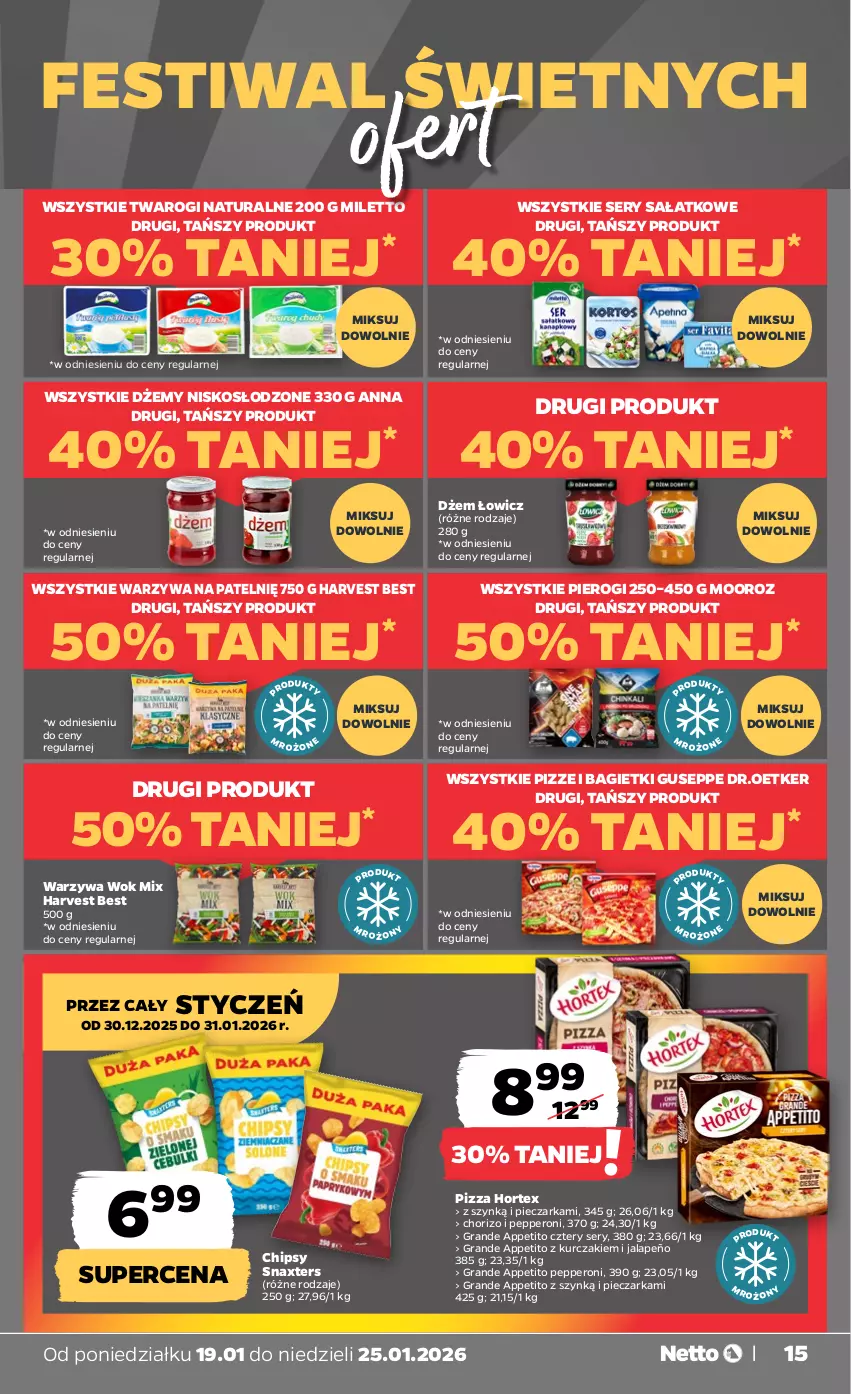 Gazetka promocyjna Netto - Od Poniedziałku - ważna 19.01 do 25.01.2026 - strona 15 - produkty: Chipsy, Dżem, Gra, Hortex, Kurczak, Piec, Pieczarka, Pierogi, Pizza, Sałat, Ser, Warzywa