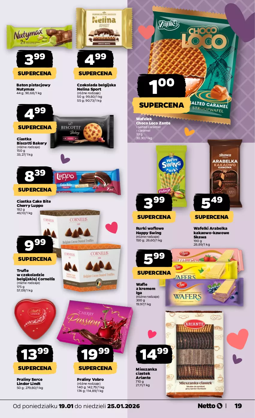 Gazetka promocyjna Netto - Od Poniedziałku - ważna 19.01 do 25.01.2026 - strona 19 - produkty: Baton, Ciastka, Czekolada, Kakao, Kawa, LG, Lindor, Lindt, Nuty, Por, Praliny, Rurki, Ser, Sport, Stek, Wafelek, Wafle