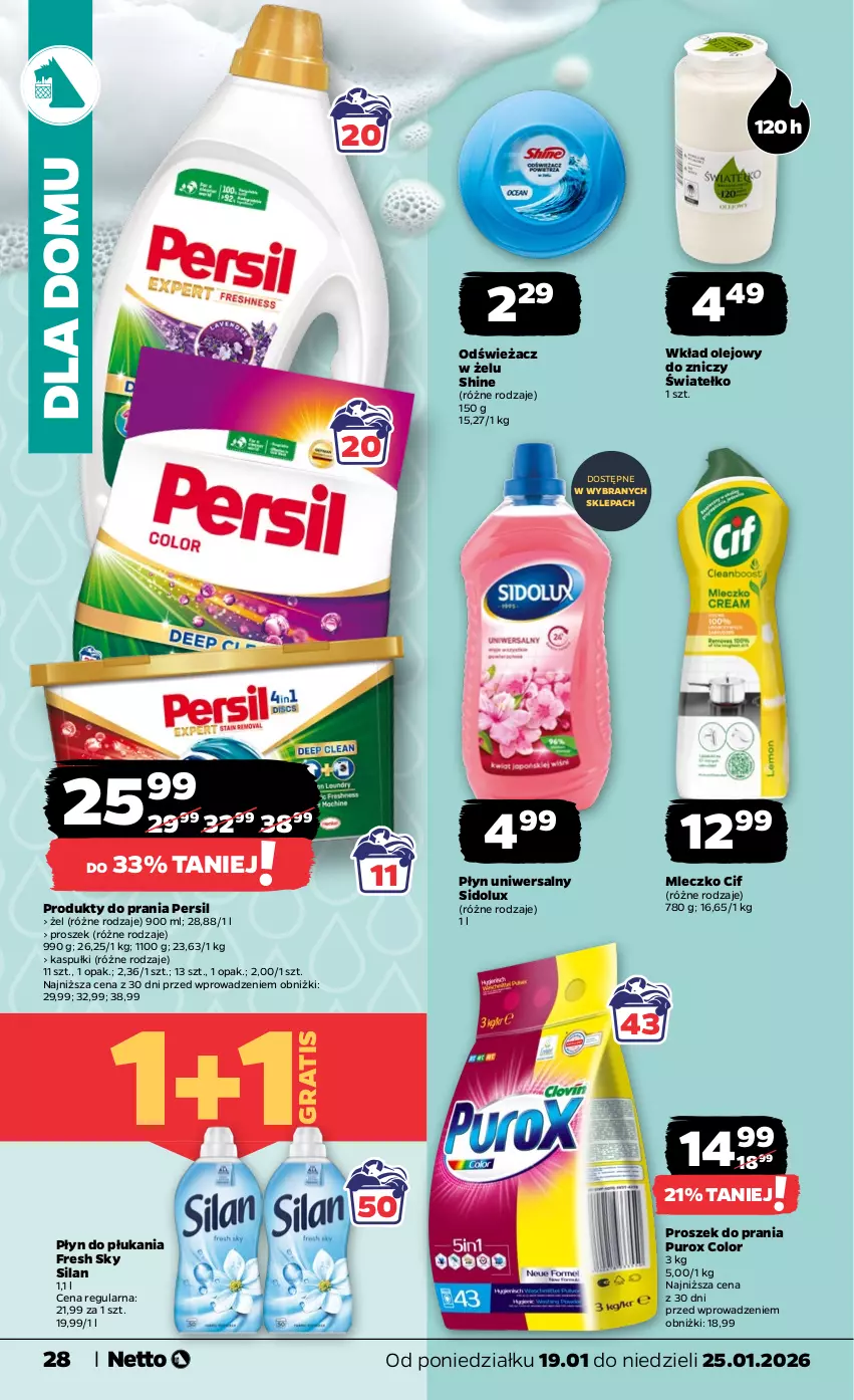 Gazetka promocyjna Netto - Od Poniedziałku - ważna 19.01 do 25.01.2026 - strona 28 - produkty: Cif, Gra, Mleczko, Olej, Persil, Płyn do płukania, Proszek do prania, Pur, Sidolux, Silan, Wkład olejowy, Znicz