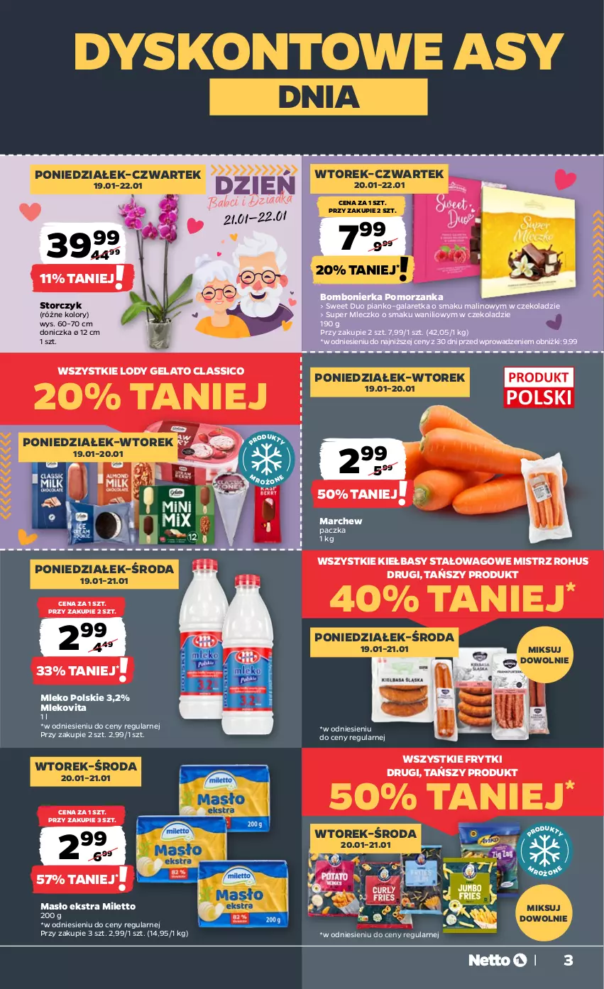 Gazetka promocyjna Netto - Od Poniedziałku - ważna 19.01 do 25.01.2026 - strona 3 - produkty: Frytki, Gala, Galaretka, Lody, Masło, Mleczko, Mleko, Mlekovita, Storczyk