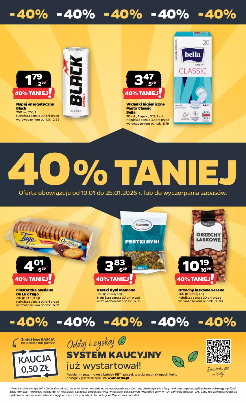 Gazetka promocyjna Netto - Od Poniedziałku - ważna 19.01 do 25.01.2026 - strona 32 - produkty: Bell, Bella, Lack, Napój, Napój energetyczny, Pestki dyni, Ser, Tago, Wkładki