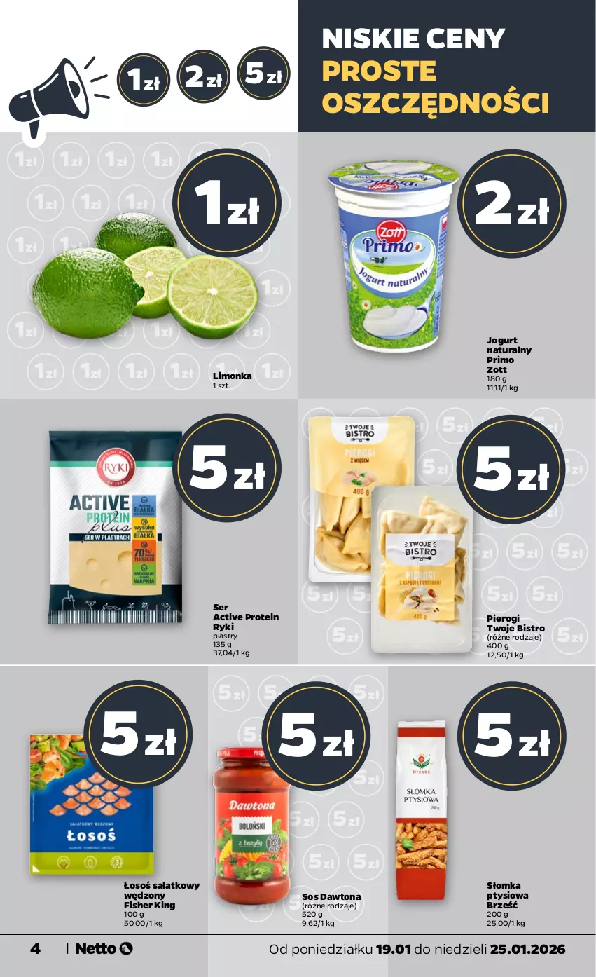 Gazetka promocyjna Netto - Od Poniedziałku - ważna 19.01 do 25.01.2026 - strona 4 - produkty: Dawtona, Jogurt, Jogurt naturalny, Limonka, Pierogi, Sałat, Ser, Sos, Zott