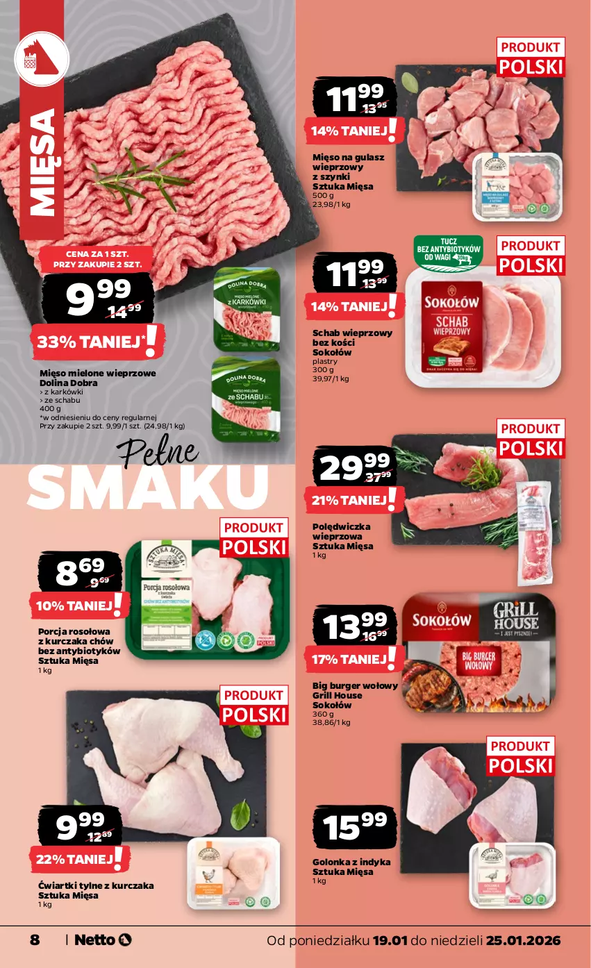 Gazetka promocyjna Netto - Od Poniedziałku - ważna 19.01 do 25.01.2026 - strona 8 - produkty: Burger, Golonka z indyka, Grill, Kurczak, Mięso, Mięso mielone, Mięso na gulasz, Polędwiczka wieprzowa, Por, Schab wieprzowy, Sok, Sokołów