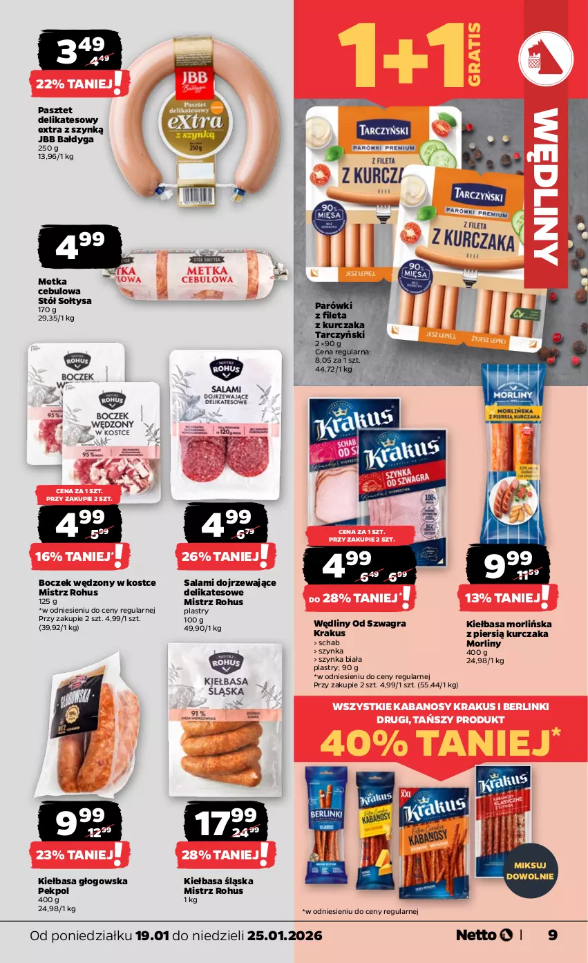 Gazetka promocyjna Netto - Od Poniedziałku - ważna 19.01 do 25.01.2026 - strona 9 - produkty: Berlinki, Boczek, Gra, Kabanos, Kiełbasa, Kiełbasa głogowska, Kiełbasa śląska, Krakus, Kurczak, Morliny, Parówki, Pasztet, Pekpol, Salami, Stół, Szynka, Szynka biała, Tarczyński