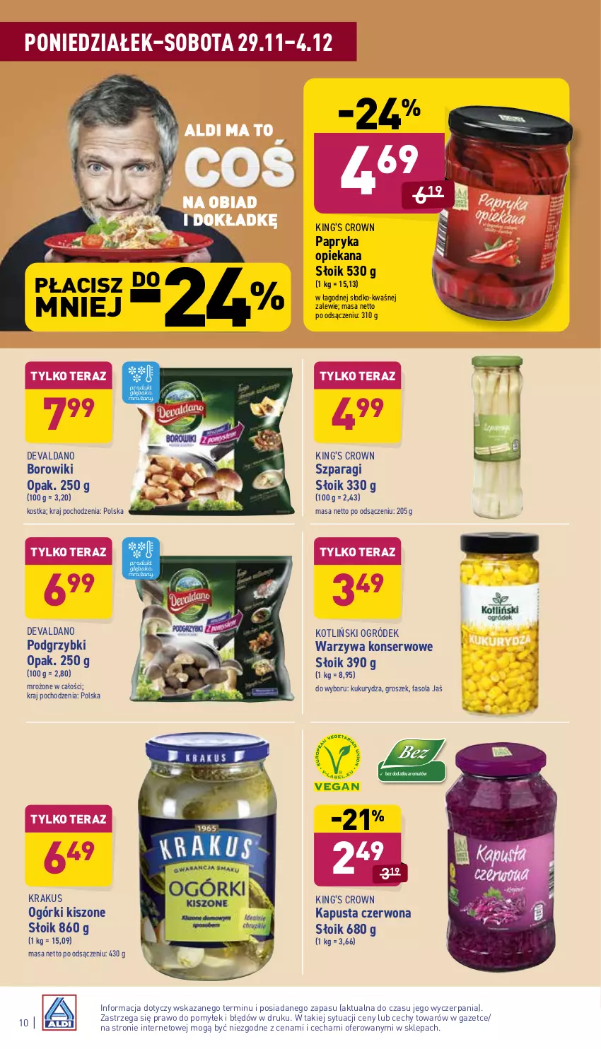 Gazetka promocyjna Aldi - ważna 29.11 do 04.12.2021 - strona 10 - produkty: Borowiki, Fa, Fasola, Groszek, King’s Crown, Krakus, Kukurydza, Ogród, Papryka, Podgrzybki, Ser, Tera, Warzywa, Warzywa konserwowe