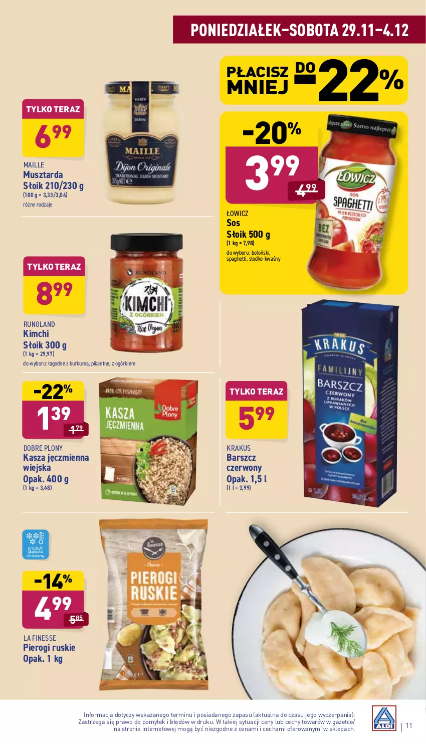 Gazetka promocyjna Aldi - ważna 29.11 do 04.12.2021 - strona 11 - produkty: Kasza, Kasza jęczmienna, Krakus, Mus, Musztarda, Pierogi, Runoland, Sos, Spaghetti, Tera