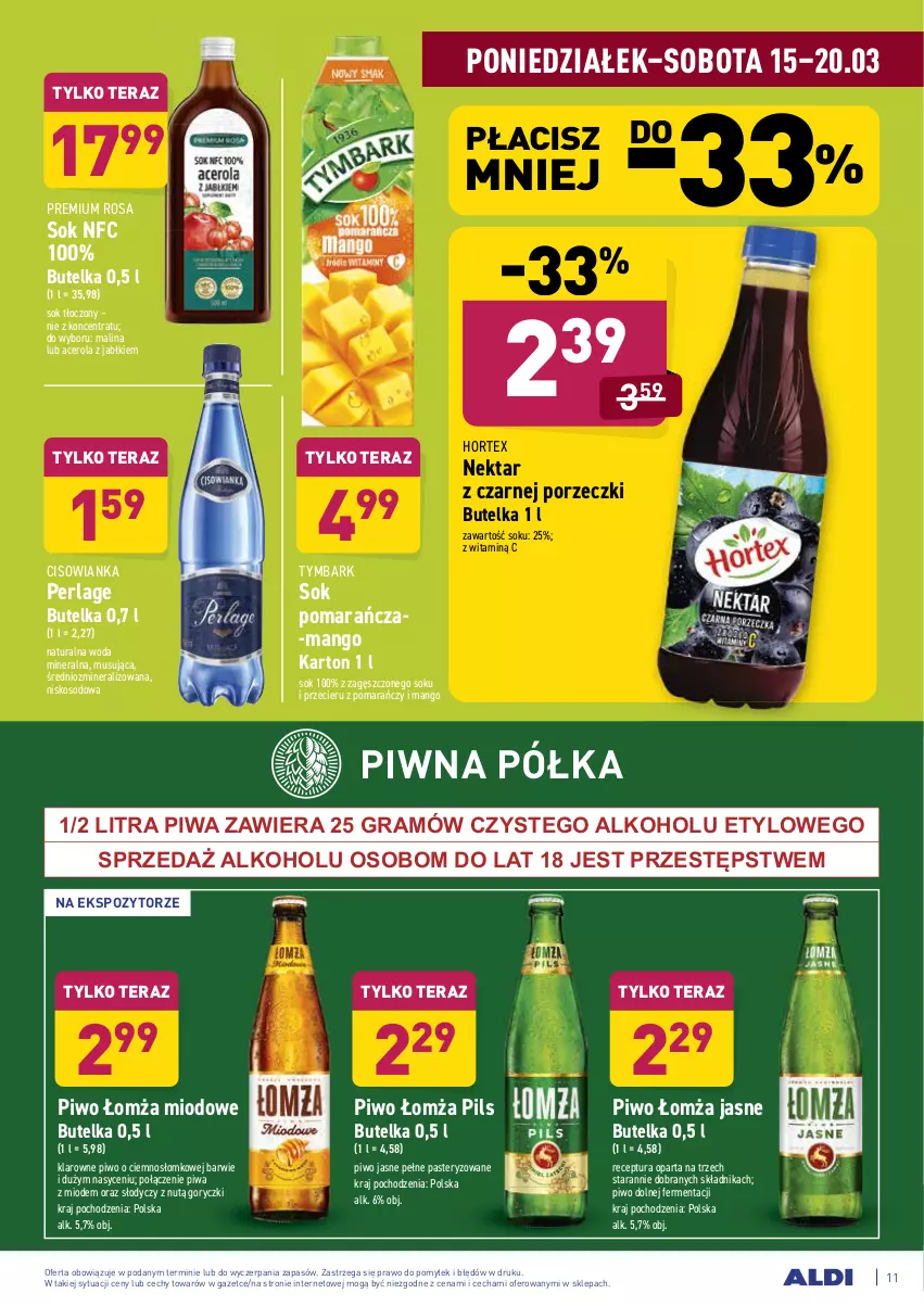 Gazetka promocyjna Aldi - ALE! CENA - ważna 15.03 do 20.03.2021 - strona 11 - produkty: Acer, Cisowianka, Gra, Hortex, Mango, Mus, Nektar, Piwa, Piwo, Piwo jasne, Półka, Por, Sok, Tera, Tymbark, Woda, Woda mineralna