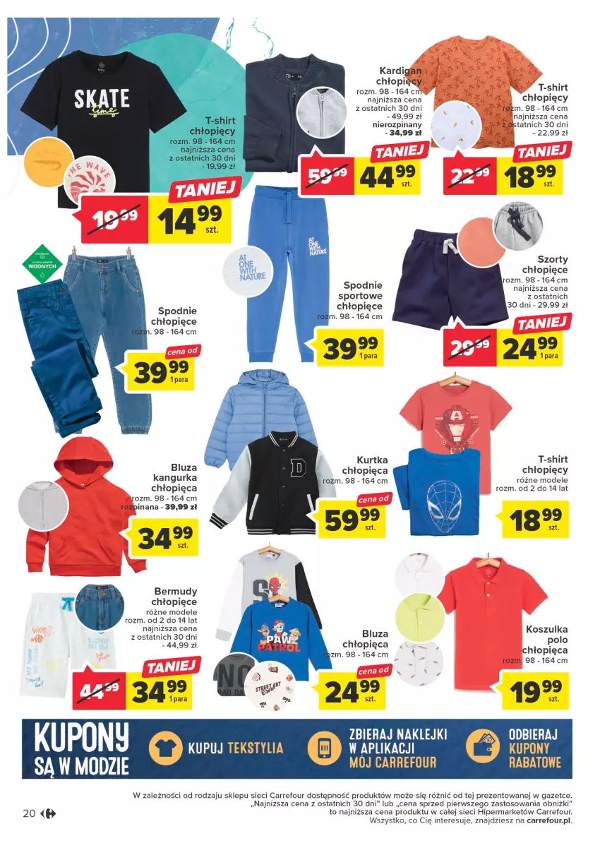 Gazetka promocyjna Carrefour - Gazetka Sztuka jest na Tobie - ważna 11.04 do 22.04.2023 - strona 20 - produkty: Bermudy, Bluza, Klej, Kosz, Koszulka, Kurtka, Por, Spodnie, Spodnie sportowe, Sport, Szorty, T-shirt