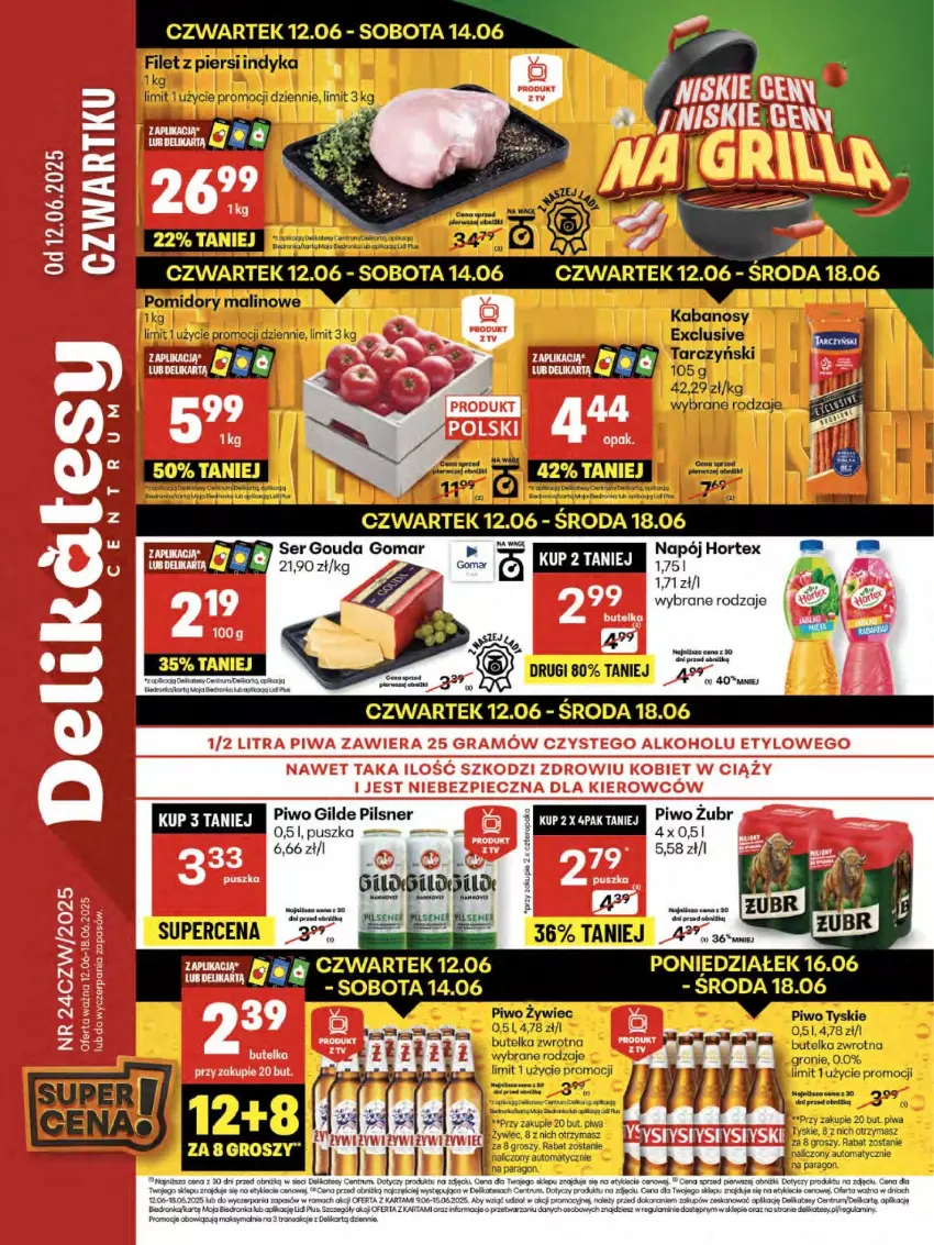 Gazetka promocyjna Delikatesy Centrum - Franczyza DC24 Czwartek - ważna 12.06 do 18.06.2025 - strona 1 - produkty: Gouda, Hortex, Kabanos, Koc, Napój, Piwa, Piwo, Pomidory, Rama, Rum, Ser, Tarczyński, Tran, Tyskie