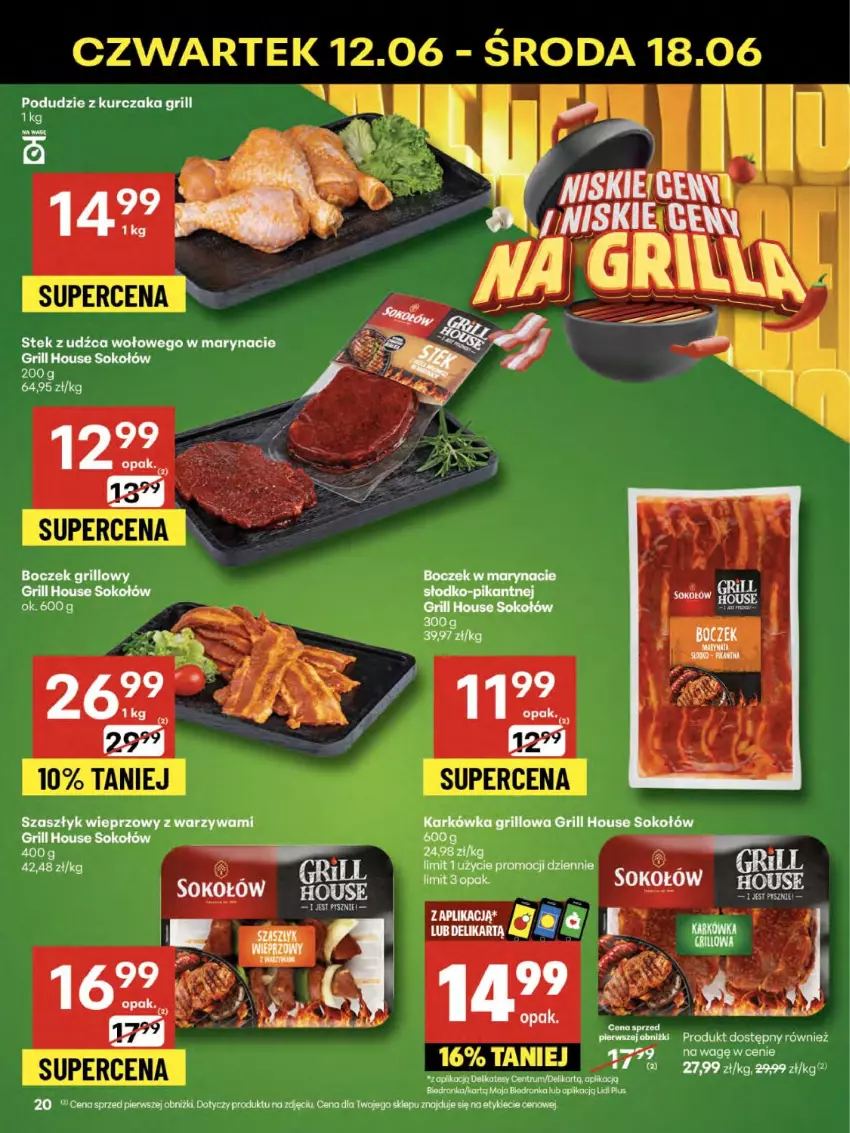 Gazetka promocyjna Delikatesy Centrum - Franczyza DC24 Czwartek - ważna 12.06 do 18.06.2025 - strona 20 - produkty: Boczek, EPEE, Grill, Kurczak, Podudzie z kurczaka, Sok, Sokołów, Stek, Stek z udźca wołowego, Warzywa