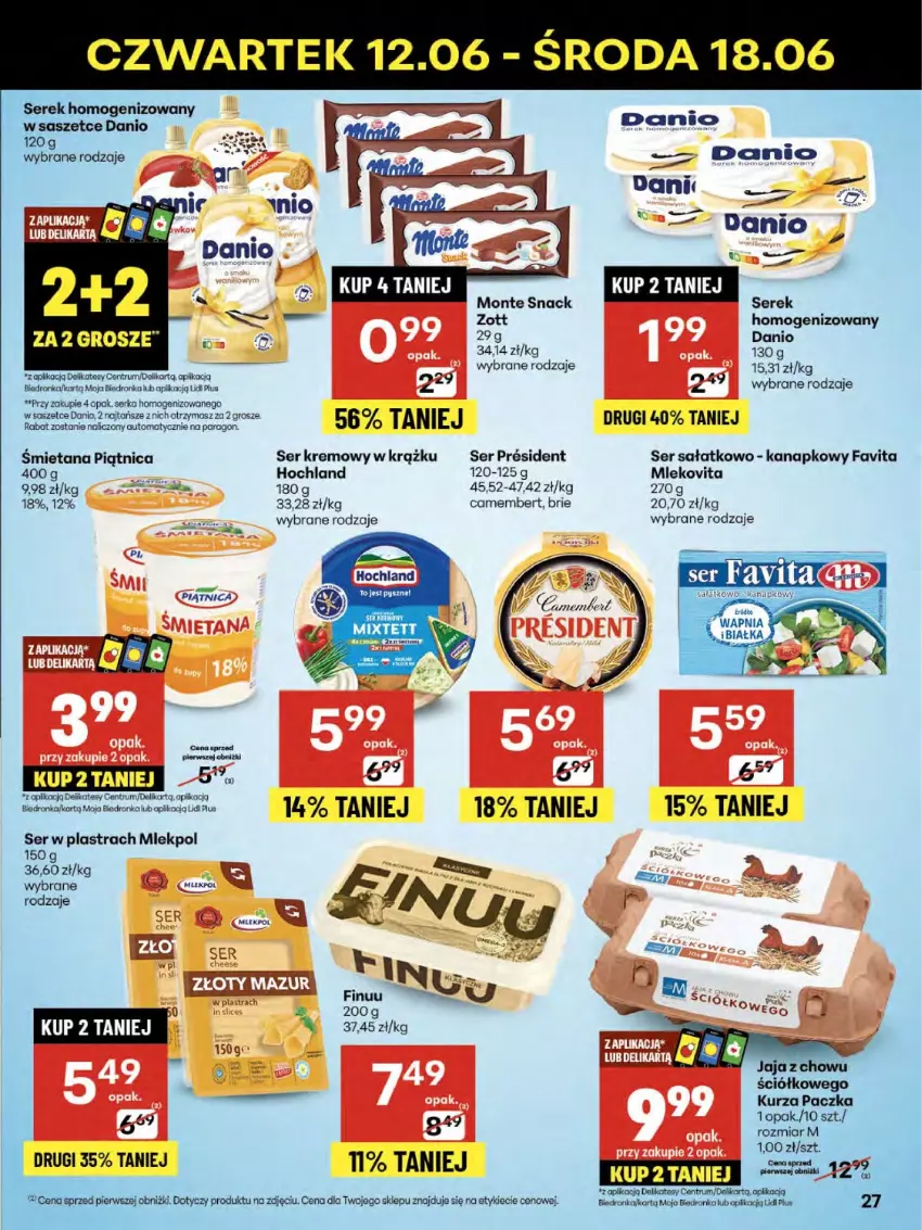 Gazetka promocyjna Delikatesy Centrum - Franczyza DC24 Czwartek - ważna 12.06 do 18.06.2025 - strona 27 - produkty: Brie, Camembert, Danio, Fa, Favita, Finuu, Hochland, Jaja, Mleko, Mlekovita, Monte, Piątnica, Rum, Sałat, Ser, Serek, Serek homogenizowany, Złoty Mazur, Zott