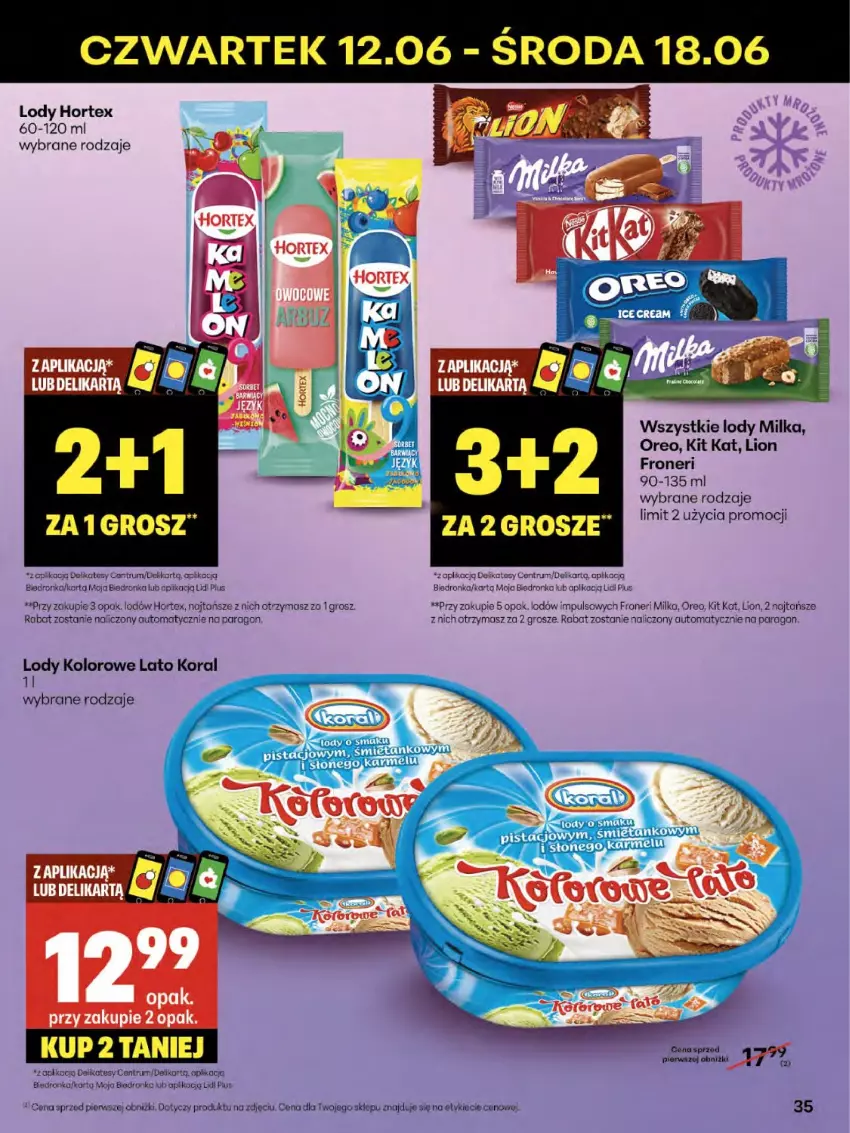 Gazetka promocyjna Delikatesy Centrum - Franczyza DC24 Czwartek - ważna 12.06 do 18.06.2025 - strona 35 - produkty: Hortex, Kit Kat, Lion, Lody, Milka, Oreo, Rum