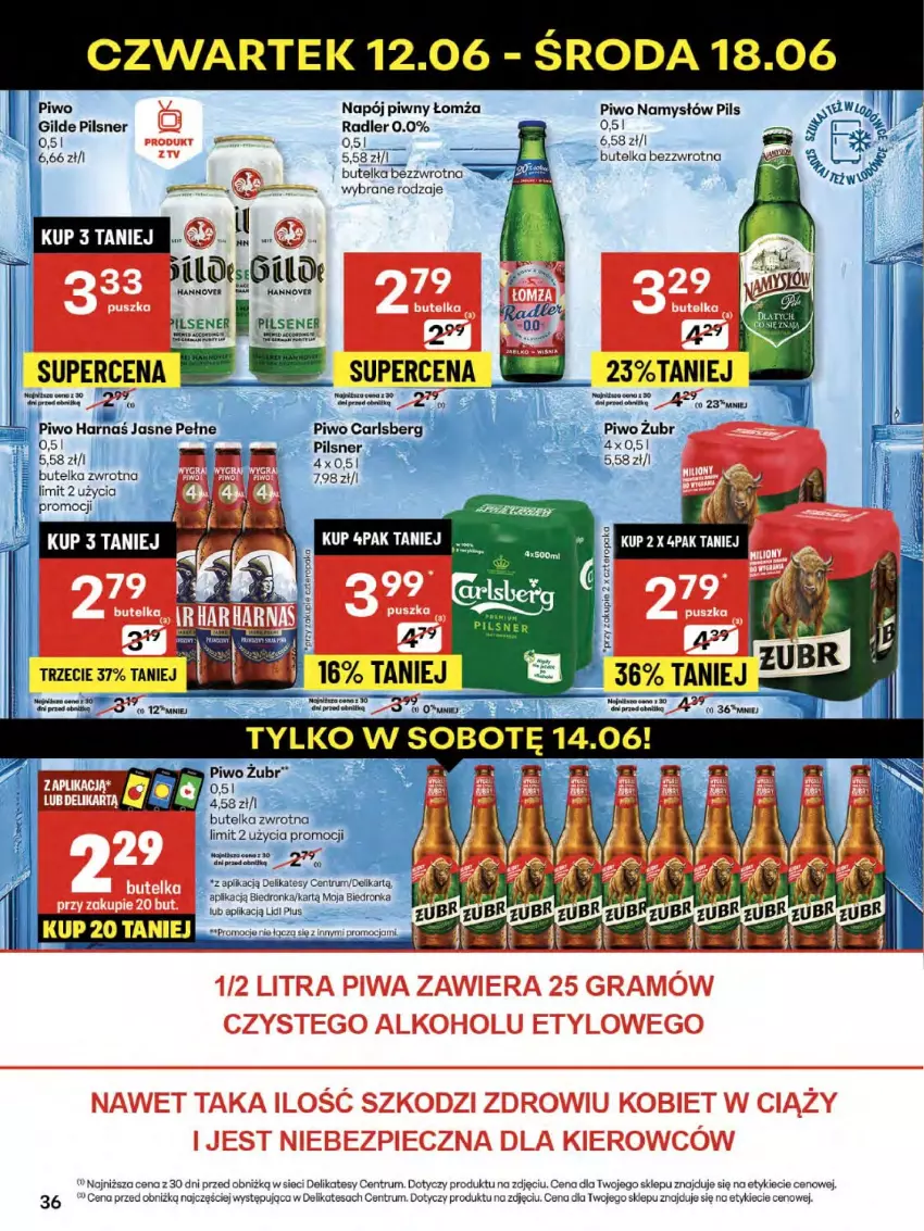 Gazetka promocyjna Delikatesy Centrum - Franczyza DC24 Czwartek - ważna 12.06 do 18.06.2025 - strona 36 - produkty: Carlsberg, Fa, Harnaś, Namysłów, Napój, Piwo, Radler, Rum
