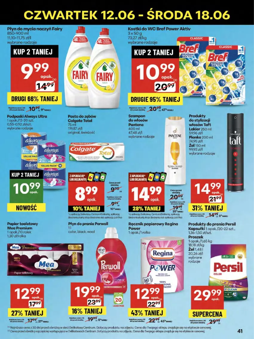 Gazetka promocyjna Delikatesy Centrum - Franczyza DC24 Czwartek - ważna 12.06 do 18.06.2025 - strona 41 - produkty: Always, Always Ultra, Bref, Colgate, Colgate Total, Do mycia naczyń, Fa, Fairy, Gin, Lack, Lakier, LG, Pantene, Papier, Papier toaletowy, Pasta do zębów, Persil, Perwoll, Płyn do mycia, Płyn do mycia naczyń, Płyn do prania, Podpaski, Ręcznik, Rum, Szampon, Taft