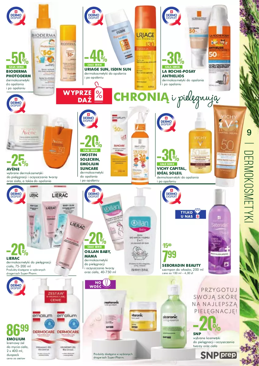 Gazetka promocyjna Super Pharm - Gazetka - ważna 12.08 do 26.08.2021 - strona 9 - produkty: Avène, Bioderma, Emolium, Helio, Iwostin, Kosmetyki do pielęgnacji, La Roche-Posay, Lierac, Oillan, Seboradin, Ser, Szampon, Vichy