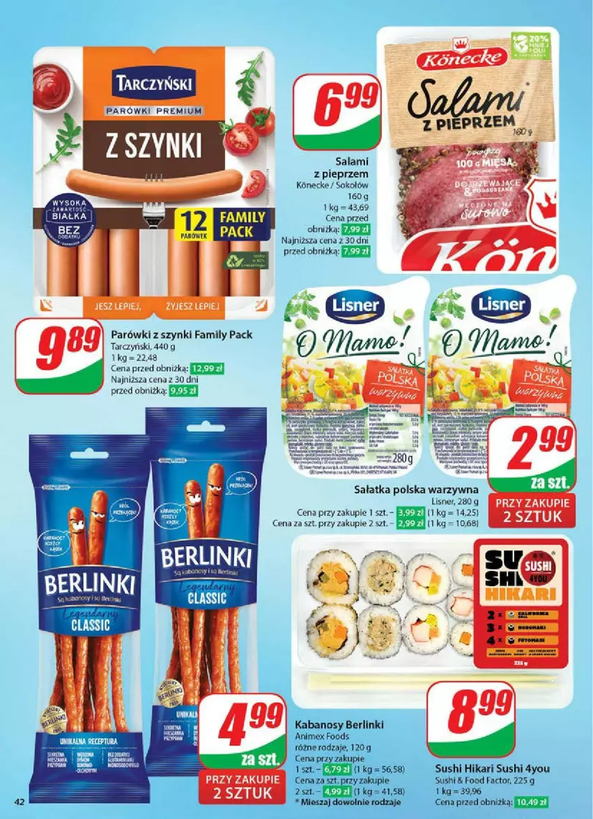 Gazetka promocyjna Dino - ważna 12.02 do 18.02.2025 - strona 37 - produkty: Berlinki, Fa, Kabanos, Parówki, Parówki z szynki, Pieprz, Salami, Sałat, Sałatka, Sok, Sokołów, Sushi, Tarczyński