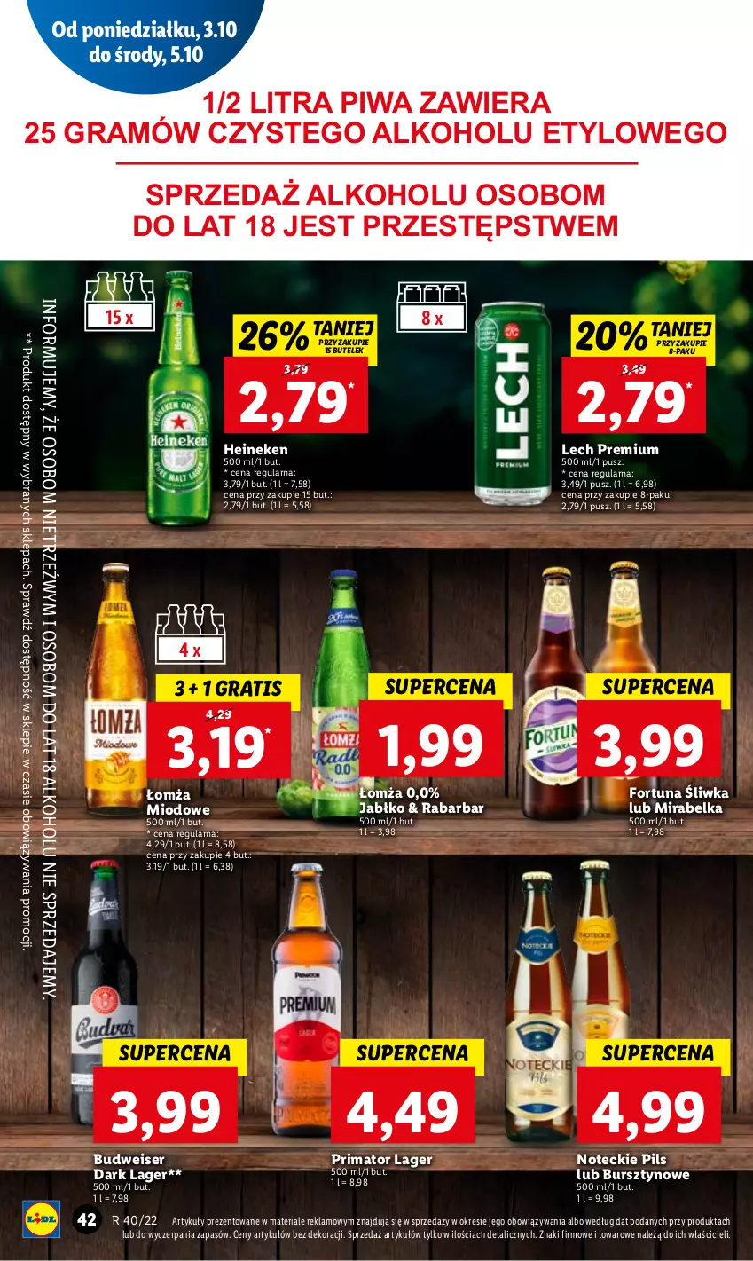 Gazetka promocyjna Lidl - GAZETKA - ważna 03.10 do 05.10.2022 - strona 46 - produkty: Bursztyn, Fortuna, Gra, Heineken, Lech Premium, Piwa, Prima, Ser