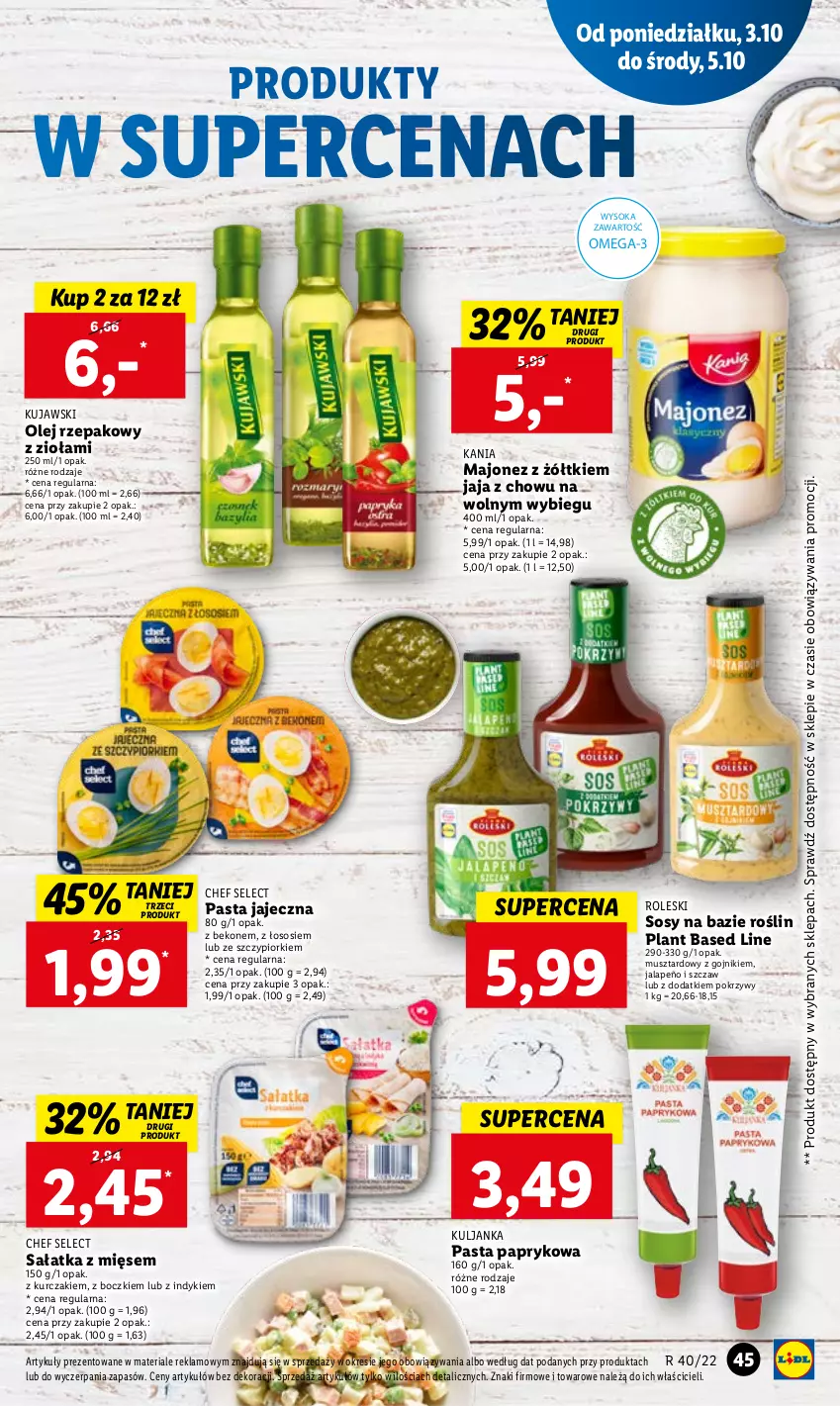 Gazetka promocyjna Lidl - GAZETKA - ważna 03.10 do 05.10.2022 - strona 49 - produkty: Beko, Jaja, Kujawski, Kurczak, Majonez, Mus, Olej, Olej rzepakowy, Omega-3, Sałat, Sałatka, Sok, Sos