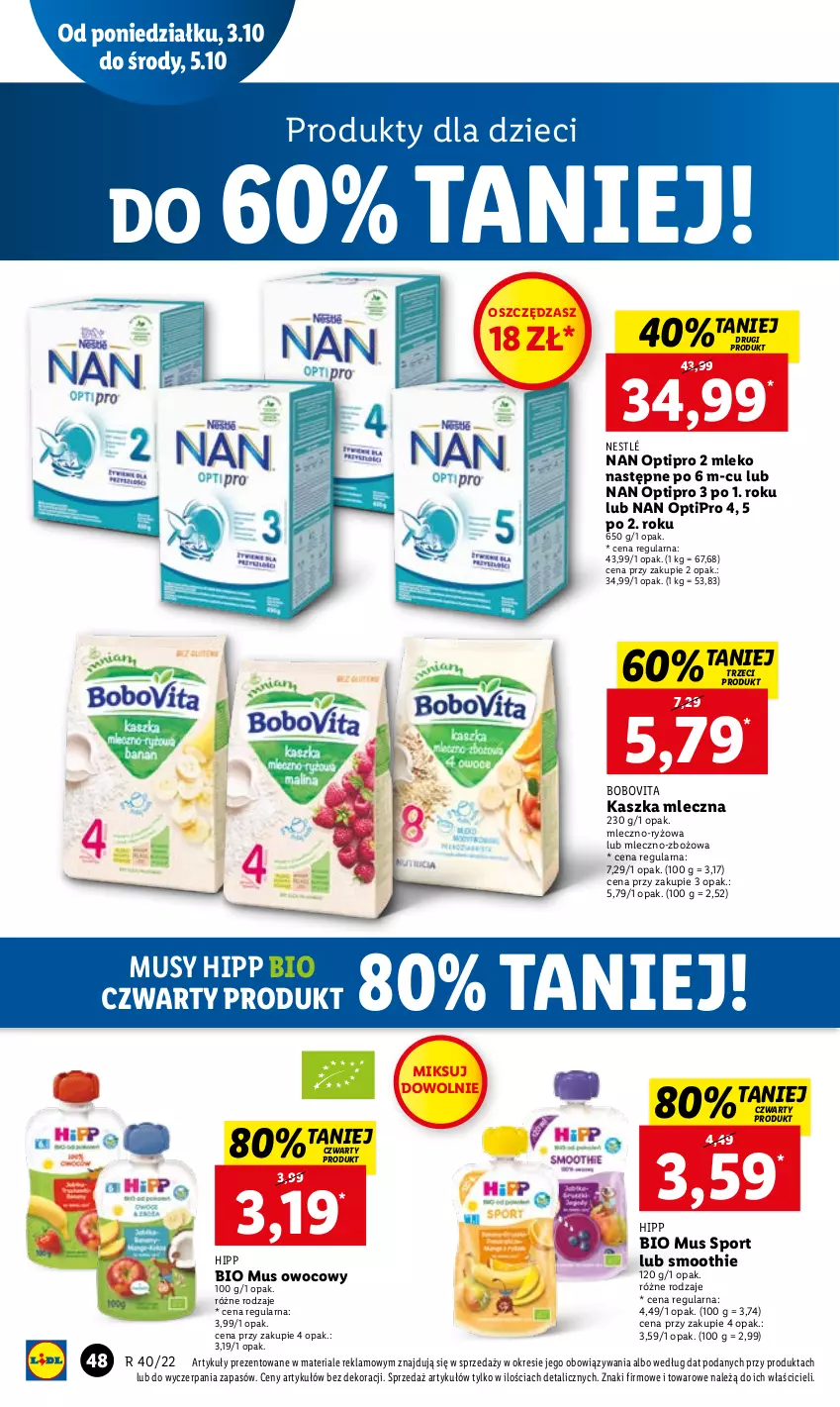 Gazetka promocyjna Lidl - GAZETKA - ważna 03.10 do 05.10.2022 - strona 52 - produkty: BoboVita, Dzieci, HiPP, Hipp Bio, Mleko, Mus, NAN Optipro, Nestlé, O nas, Por, Ryż, Smoothie, Sport