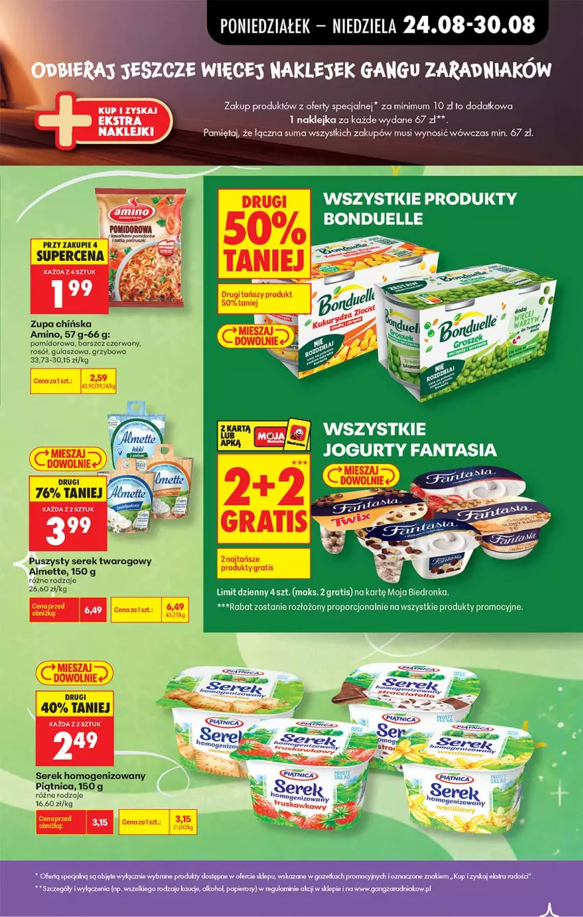 Gazetka promocyjna Biedronka - Gazetka - ważna 24.08 do 31.08.2026 - strona 4 - produkty: Almette, Bonduelle, Fa, Fanta, Gra, Jogurt, Klej, Mięta, Mus, Piątnica, Por, Rosół, Ser, Serek, Serek homogenizowany, Serek twarogowy, Zupa