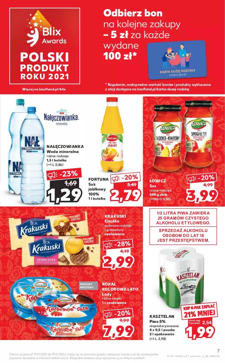 Gazetka promocyjna Kaufland - OFERTA TYGODNIA - ważna 13.01 do 19.01.2022 - strona 7 - produkty: Ciastka, Fortuna, Gra, Kasztelan, Krakus, Krakuski, Lody, Nałęczowianka, Olej, Olma, Piwa, Piwo, Rama, Sok, Sok jabłkowy, Sos, Woda, Woda mineralna