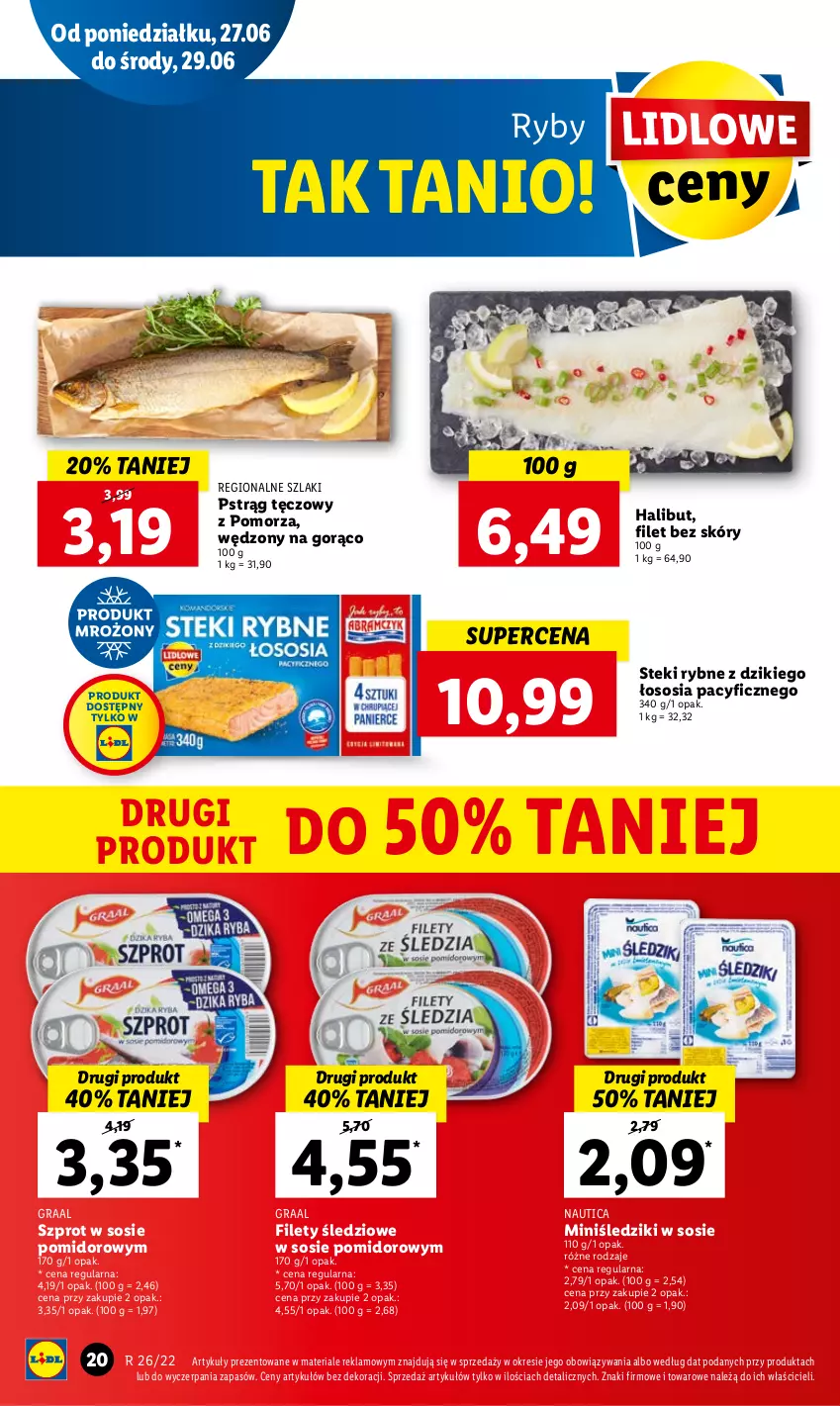 Gazetka promocyjna Lidl - GAZETKA - ważna 27.06 do 29.06.2022 - strona 20 - produkty: Gra, Graal, Halibut, Pstrąg, Pstrąg tęczowy, Sos, Stek, Szprot, Szprot w sosie